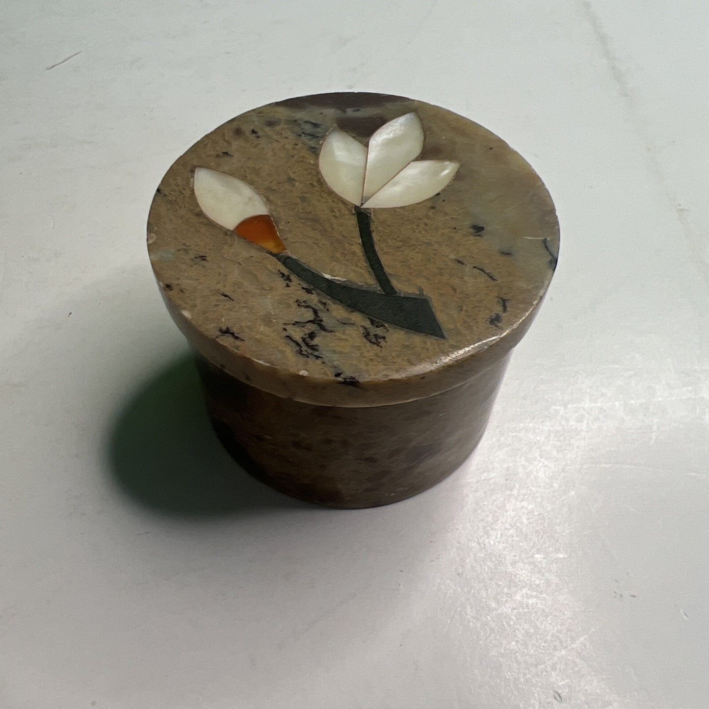 Carved Soapstone Small Inlaid Round Box Trinket Vanity Natural Stone with Lid