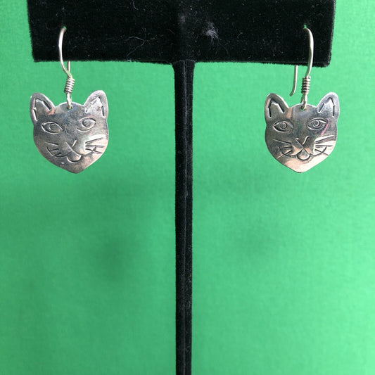 Vtg Mexican .925 Silver CAT Kitty Kitten Face Earrings Stamped Pierced Hook Wire