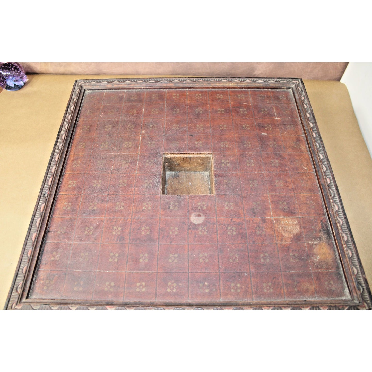 Heavily Carved Antique Japanese Wooden Shogi Game Board with Storage
