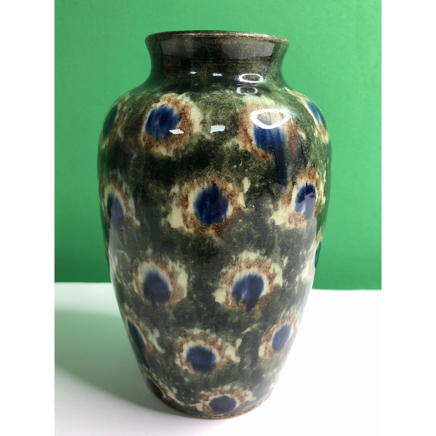 Early 1900s Antique FRIEDRICH FESTERSEN BUNZLAU PEACOCK Studio Art POTTERY VASE