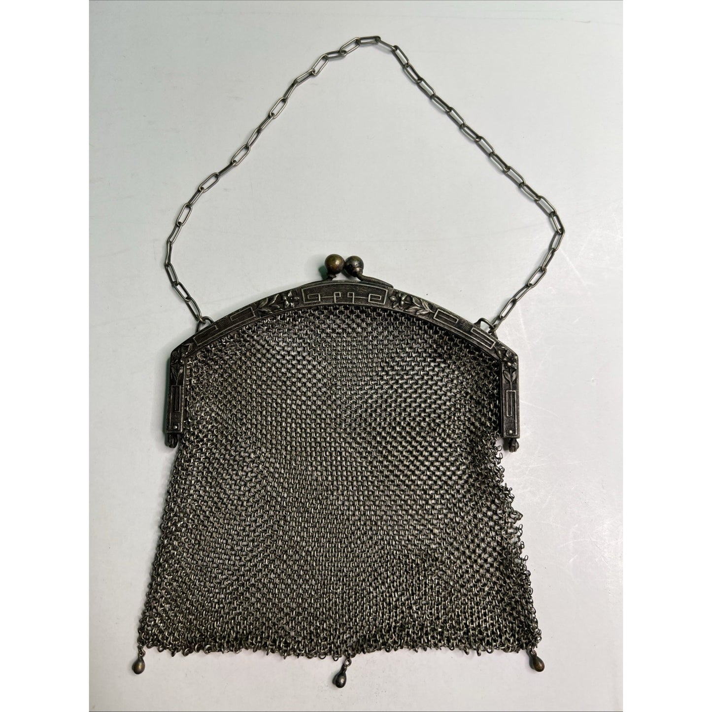 Rare Antique German Silver Chain Mesh Purse Handbag Kiss Closure Marked