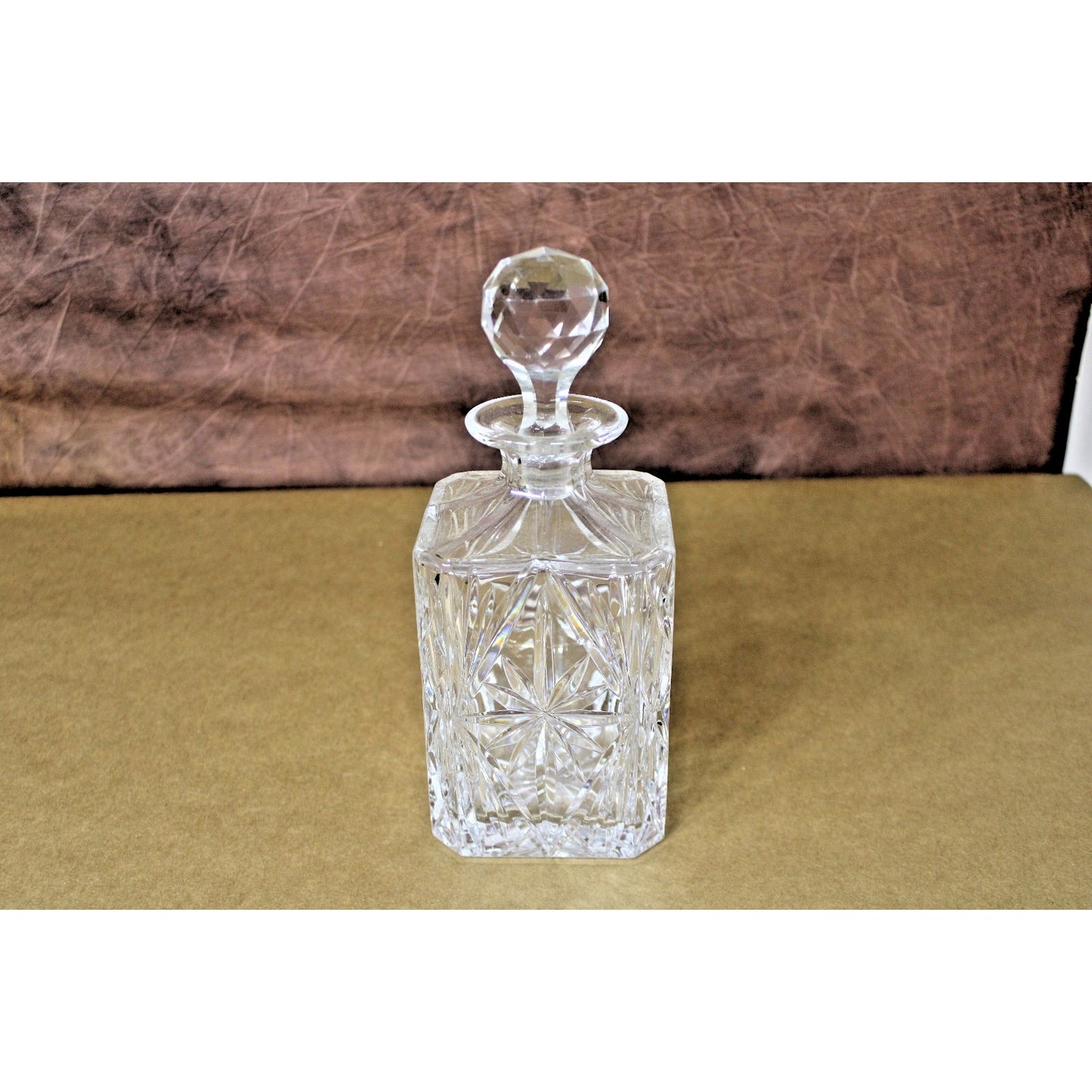 Vintage Lead Crystal Block Cut Glass Decanter Starburst Pattern Faceted Stopper