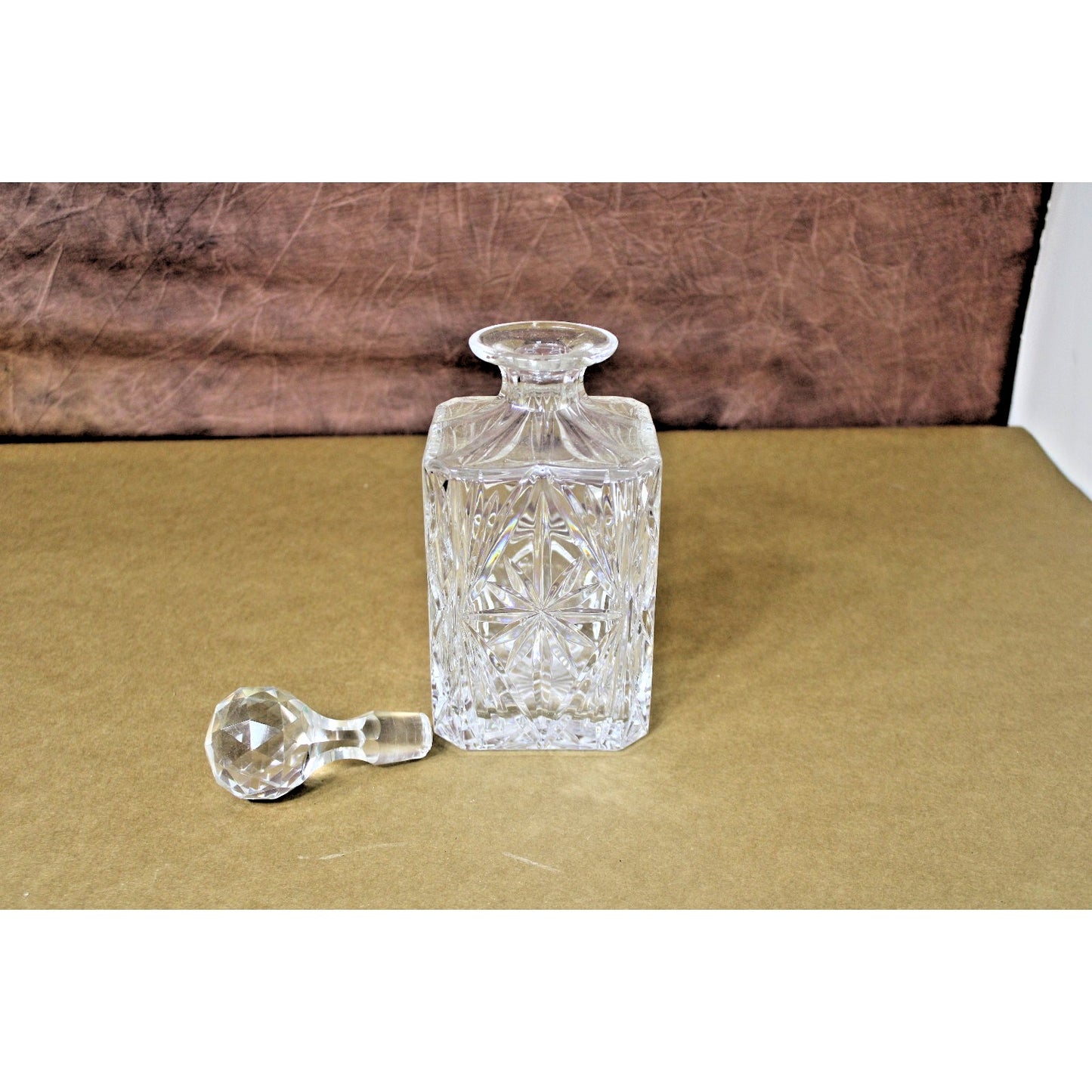 Vintage Lead Crystal Block Cut Glass Decanter Starburst Pattern Faceted Stopper