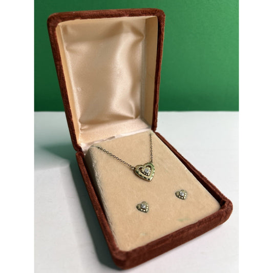 Vintage 14K Gold Filled Hearts With Clear Stones Necklace & Earrings Boxed Set