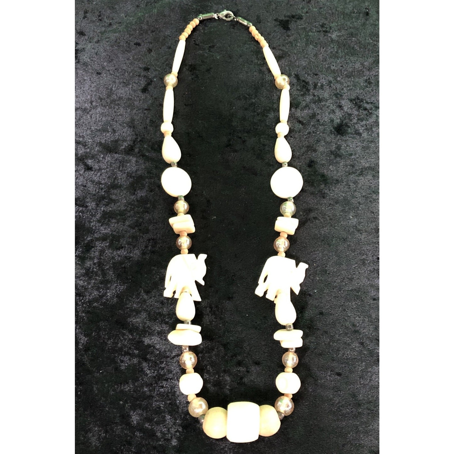 Vintage Lucky Elephant Carved Bead Necklace 22”