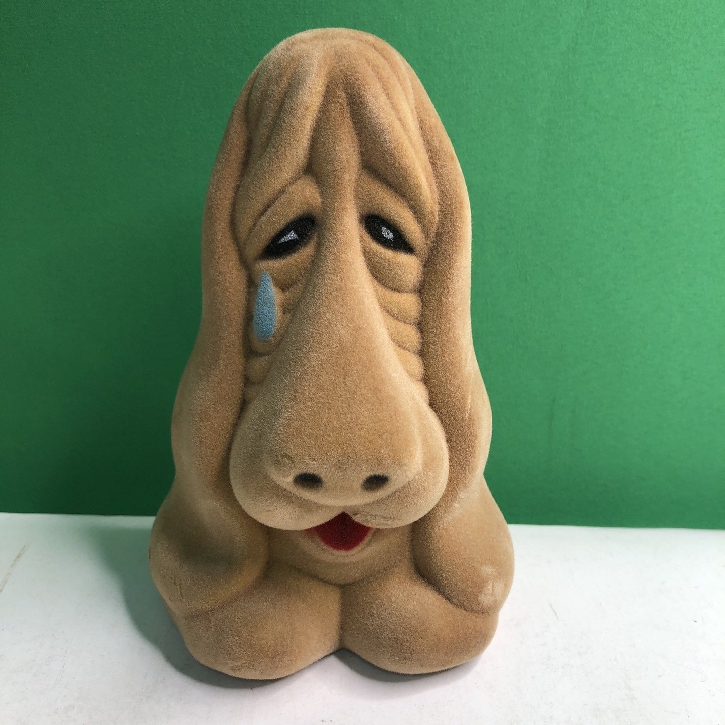 Vintage Tan Flocked Basset Hound Sad Dog With Teardrop Plastic Coin Bank 1970’s