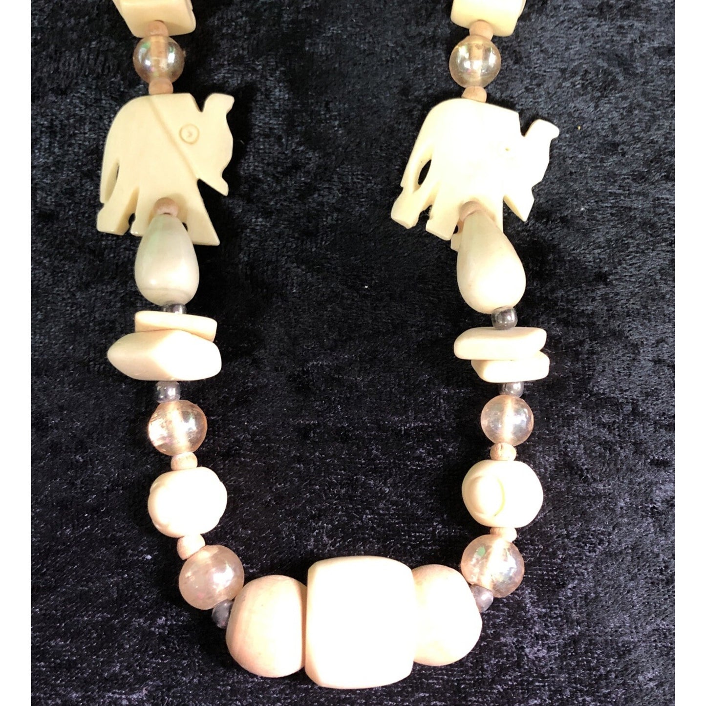 Vintage Lucky Elephant Carved Bead Necklace 22”