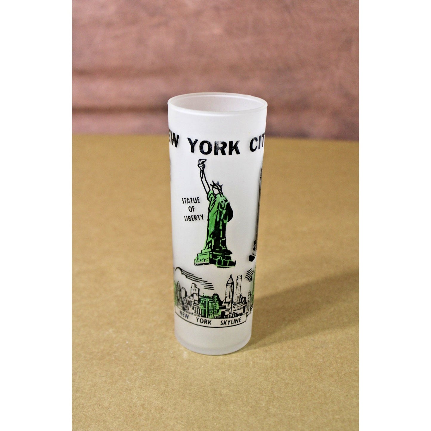 VINTAGE Frosted Souvenir Glass New York City Skyline, Empire State Bldg. 6.75" H