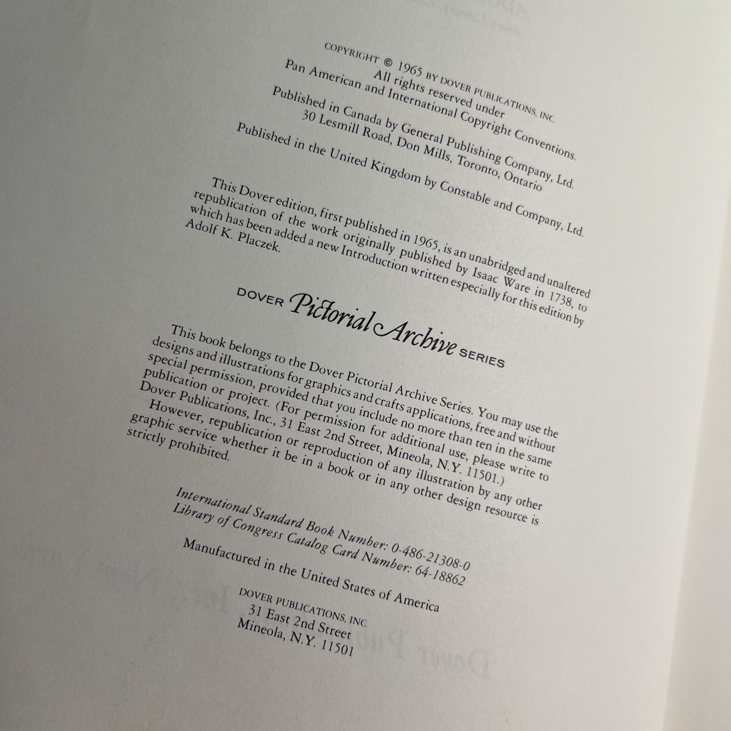Andrea Palladio THE FOUR BOOKS OF ARCHITECTURE 1965 Dover PB Illustrated