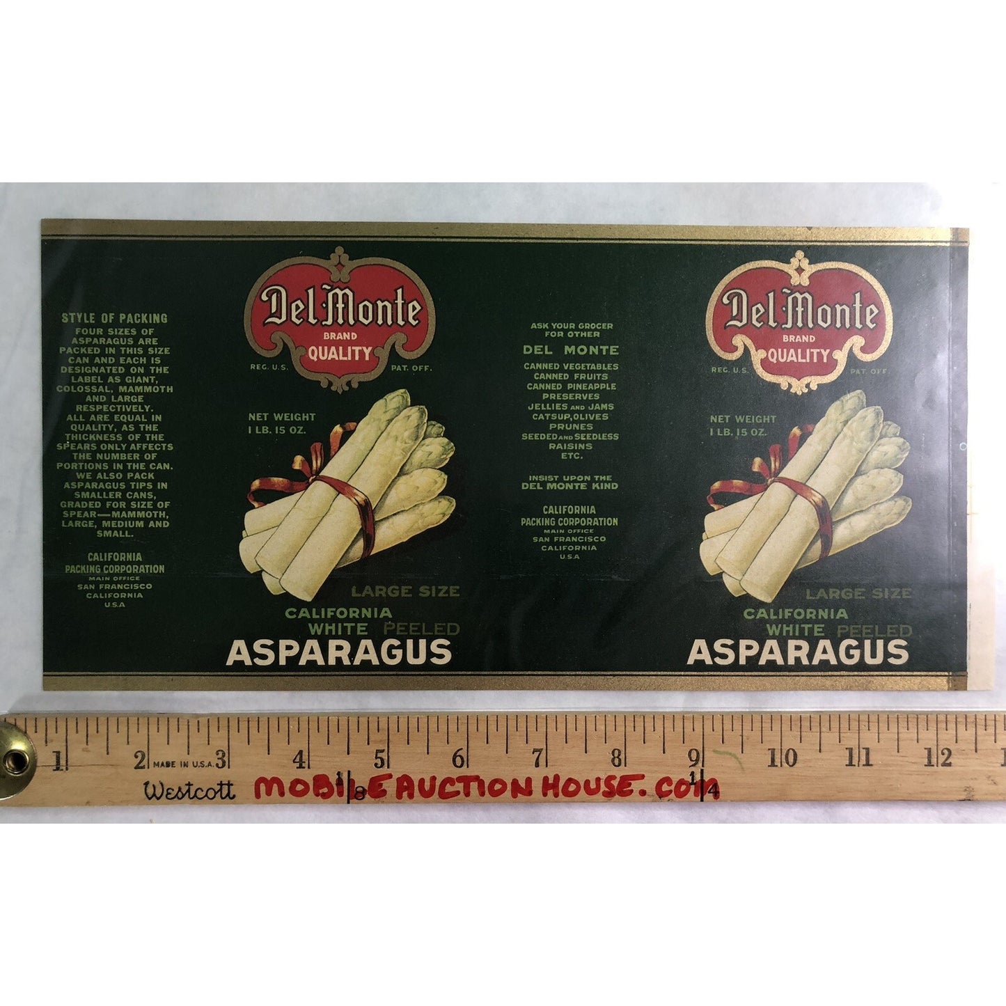 Vintage Ca 1930 DEL MONTE White Peeled Asparagus CAN LABEL Unused CA Packing