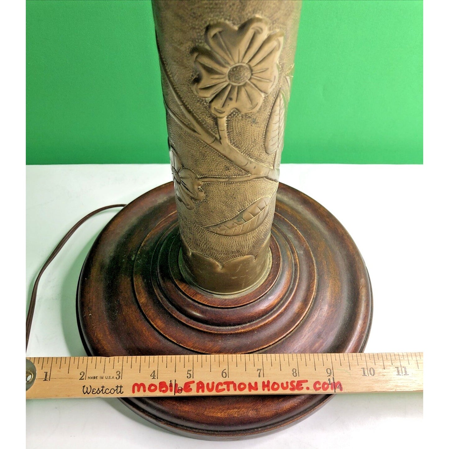 Trench Art Etched Artillery Shell Table Lamp, 3 Light, Wood Base 23” H - Works