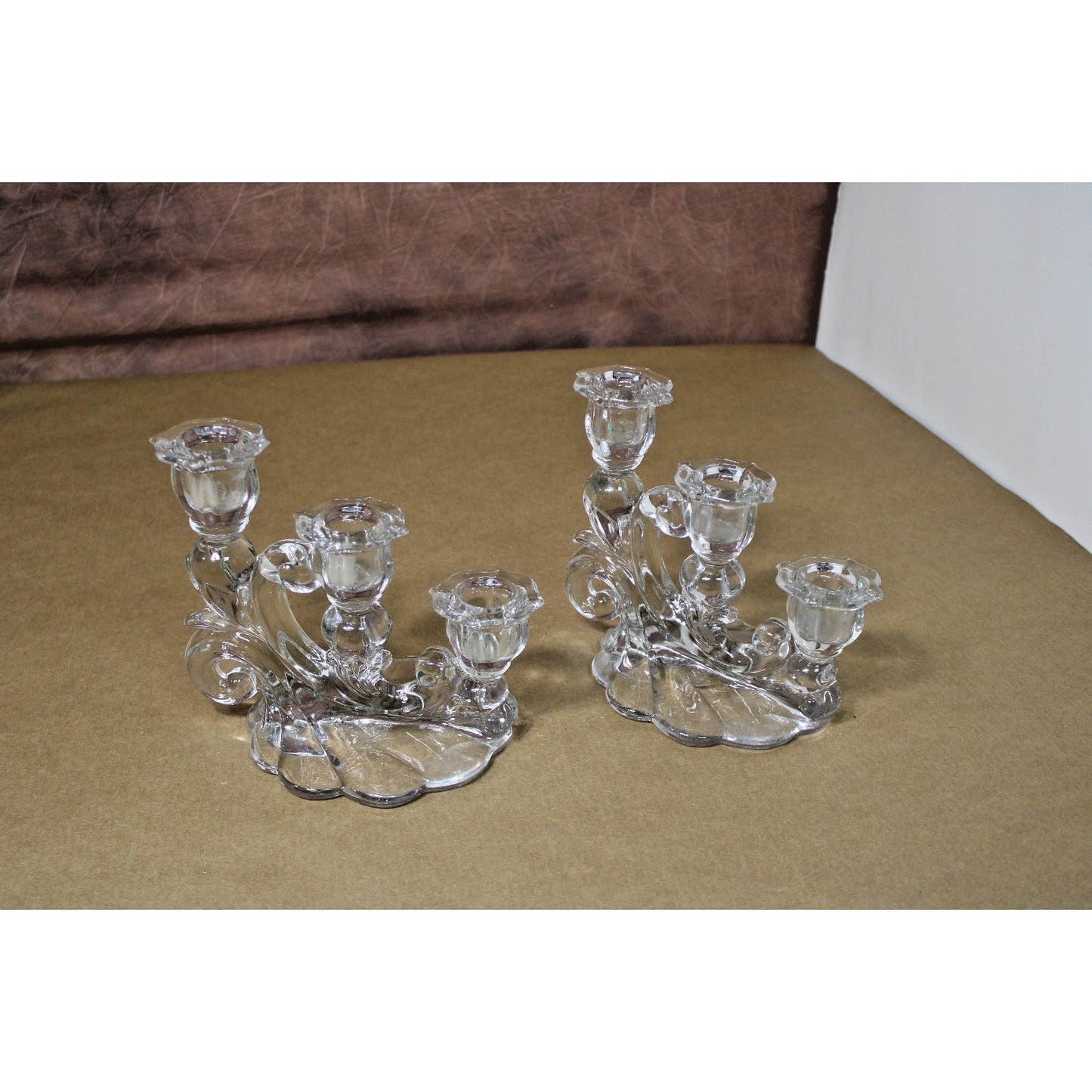2 Vintage Cambridge Caprice 3 Light Candelabra Clear Glass Candle Holders 1950s