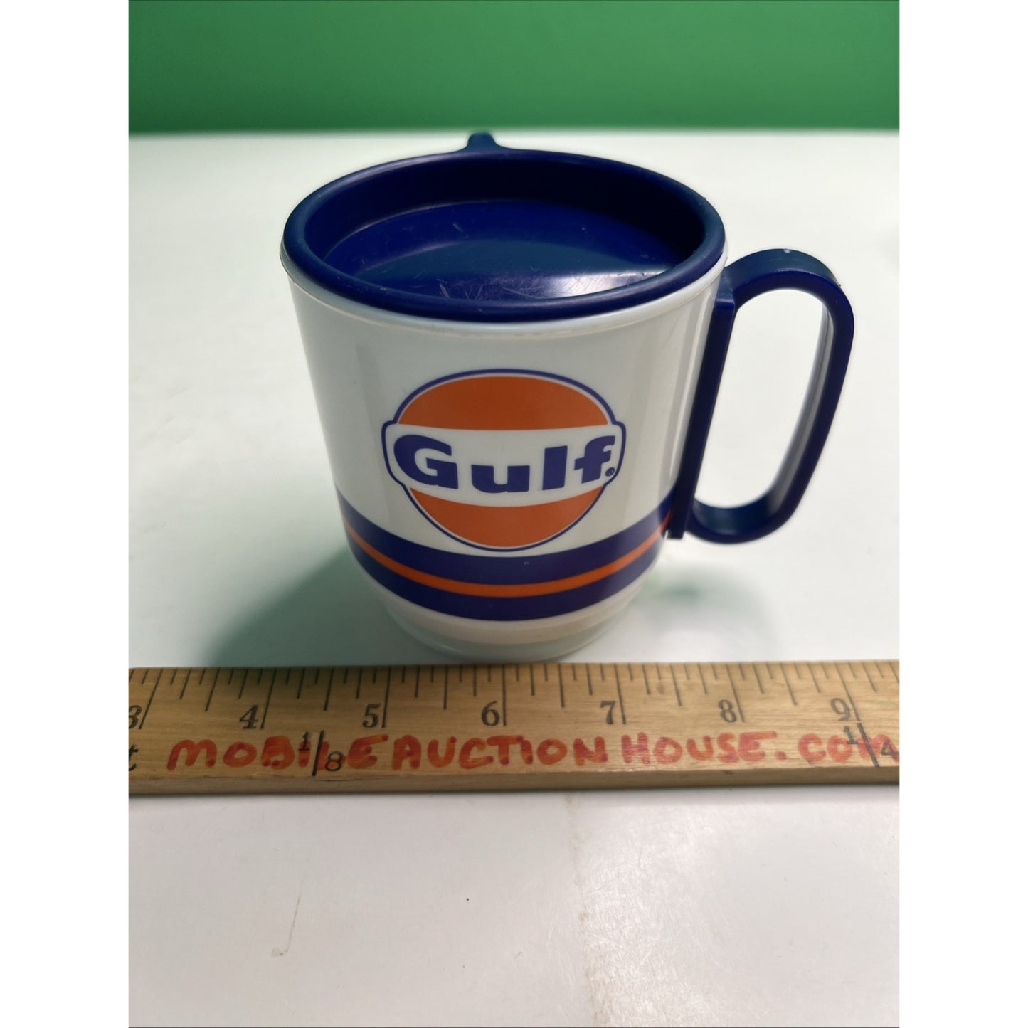 Vintage 1980s Gulf Oil Advertising Travel Mug Small Plastic Cup With Lid