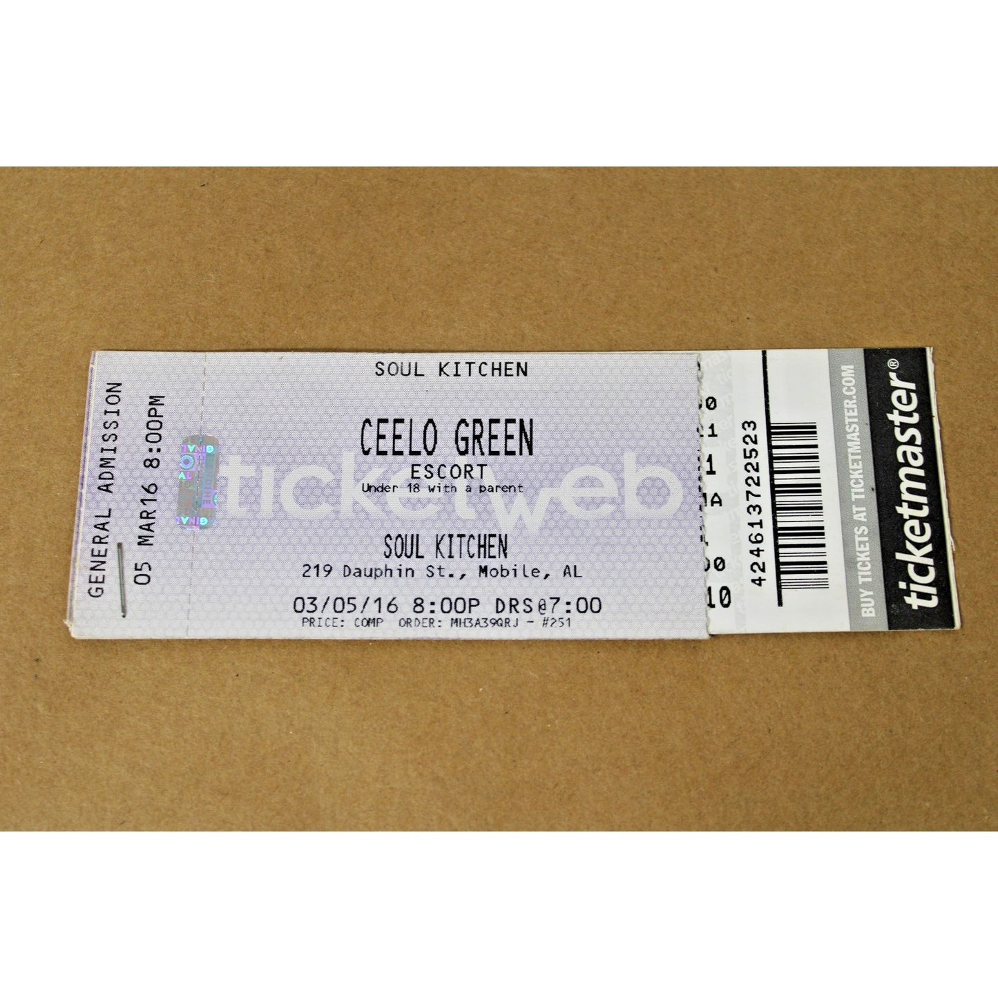 Rare 2016 Ceelo Green Concert Ticket Stub, Controversial Mobile, AL Show