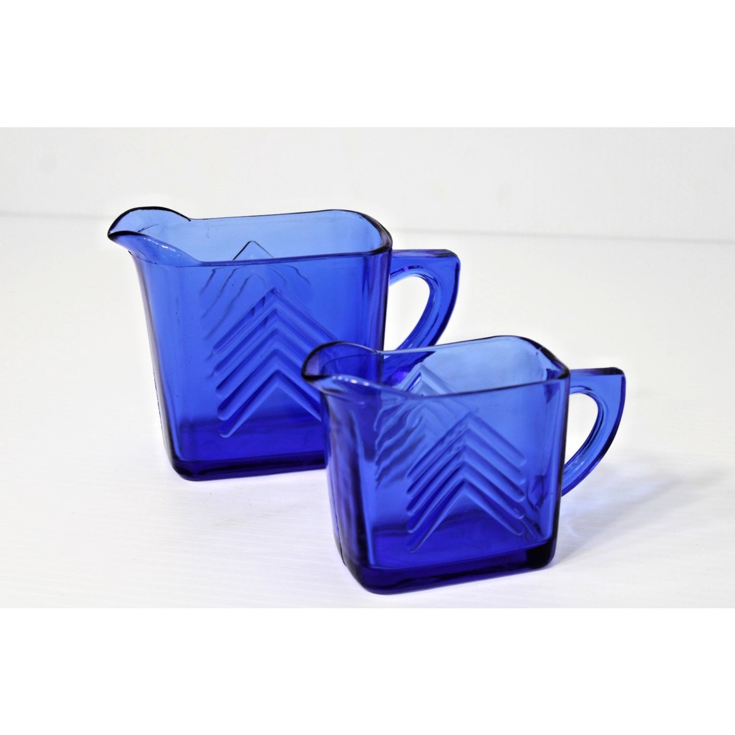 Vintage 1930s Hazel Atla Cobalt Glass, Blue Art Deco Milk & Creamer Chevron Set