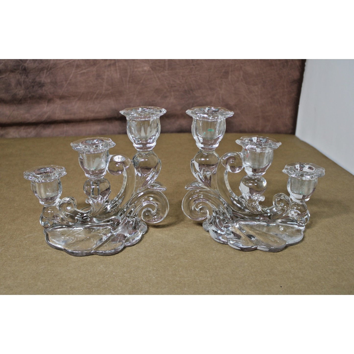 2 Vintage Cambridge Caprice 3 Light Candelabra Clear Glass Candle Holders 1950s
