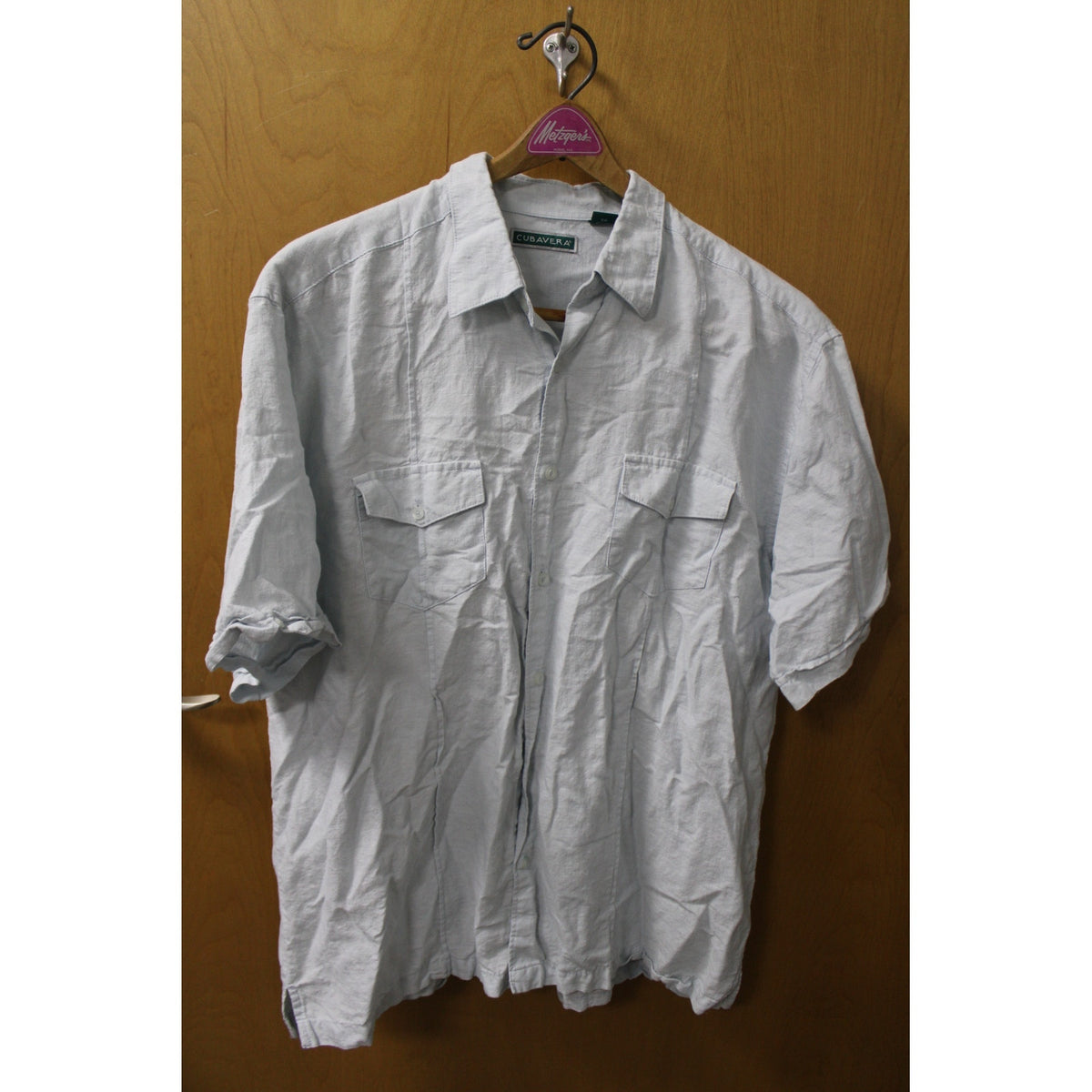 Cubavera Men's XL Short-Sleeve Linen-Blend Guayabera-Style Camp Shirt Blue