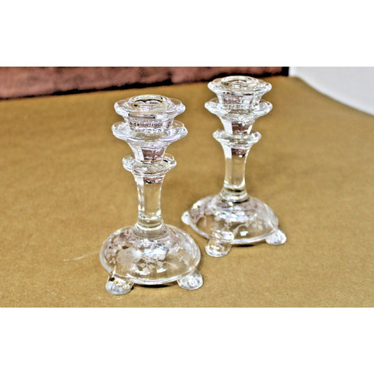 Vintage Fostoria 5.5" Candlestick Holder Pair Florentine Etched Glass Floral