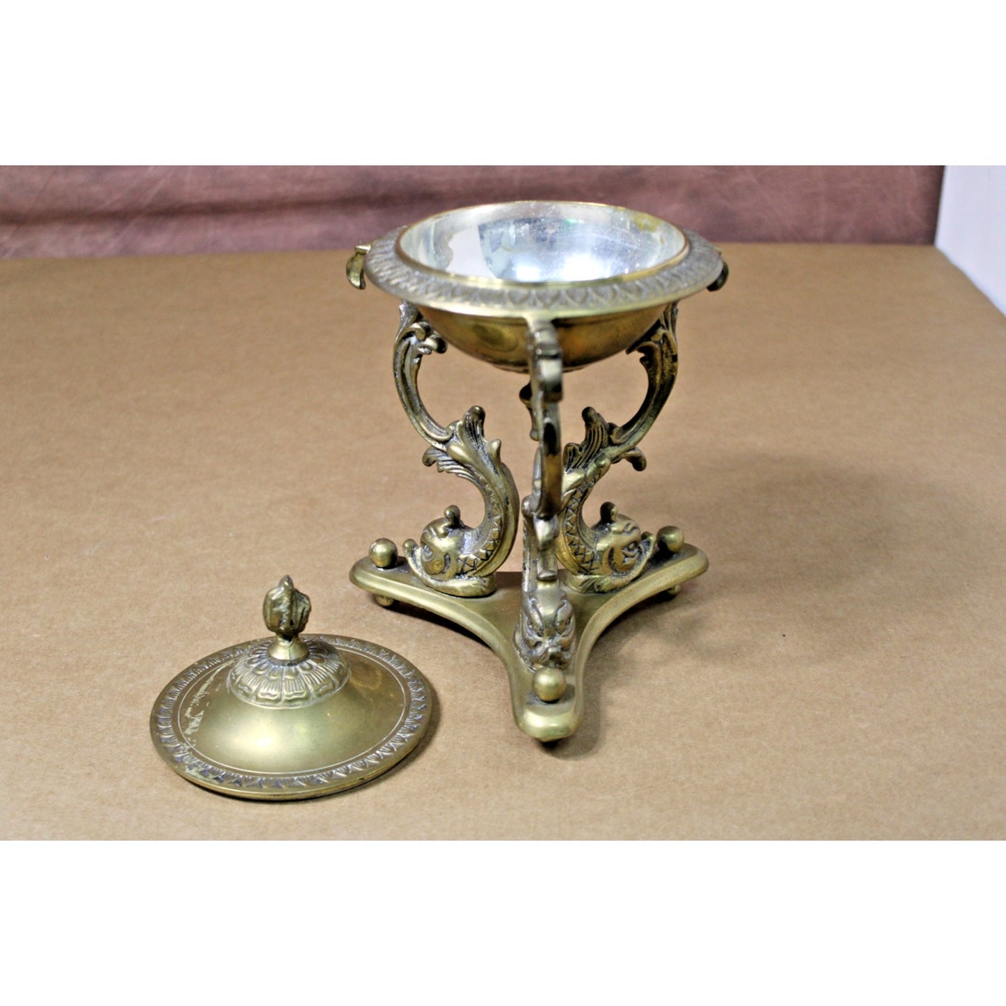 French Empire 9.5-Inch Tall Brass Lidded Bowl on Dolphin Pedestal, Gorgeous!