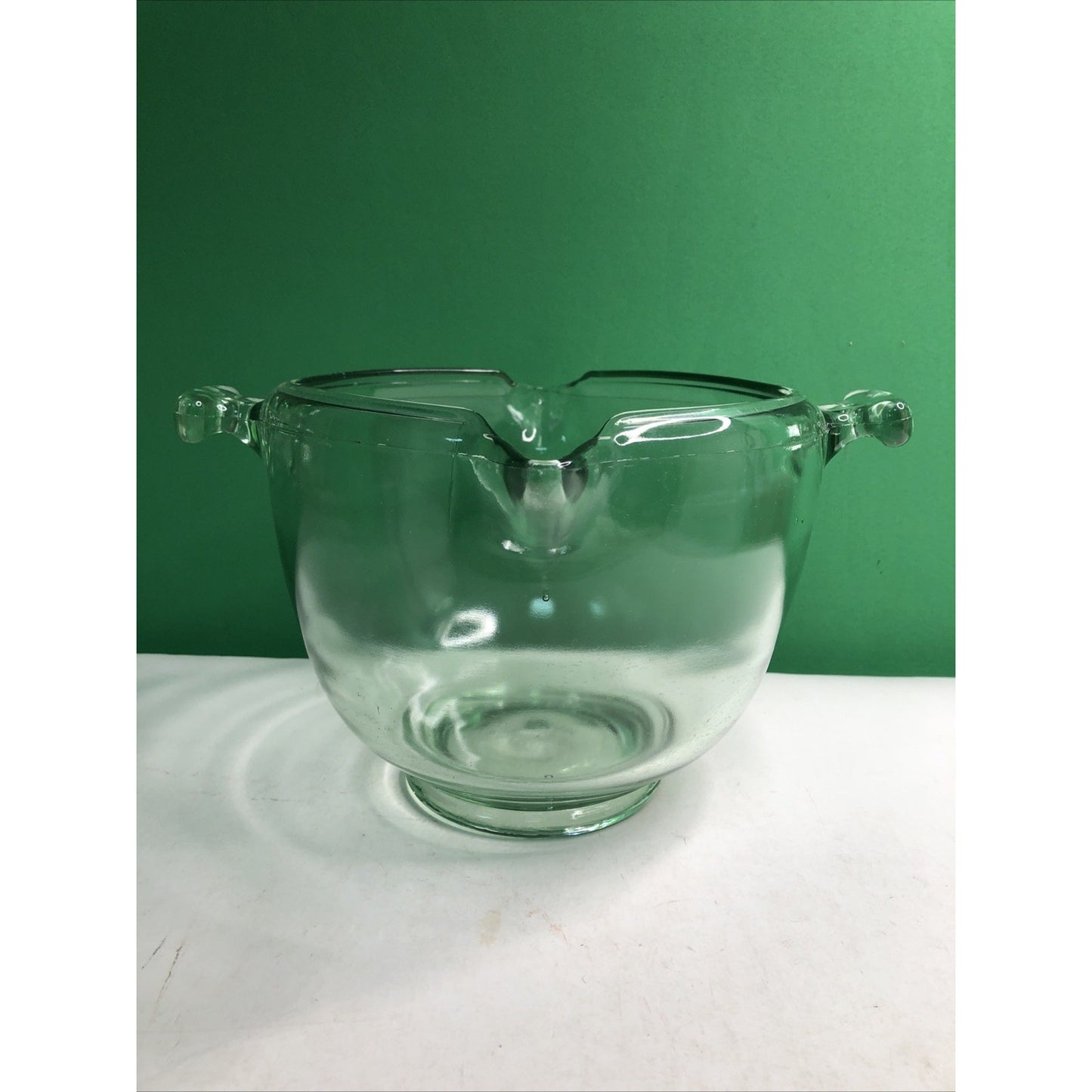 Vintage TUFGLAS Large Mixing Bowl Uranium Glass Double Spout Handled Depression