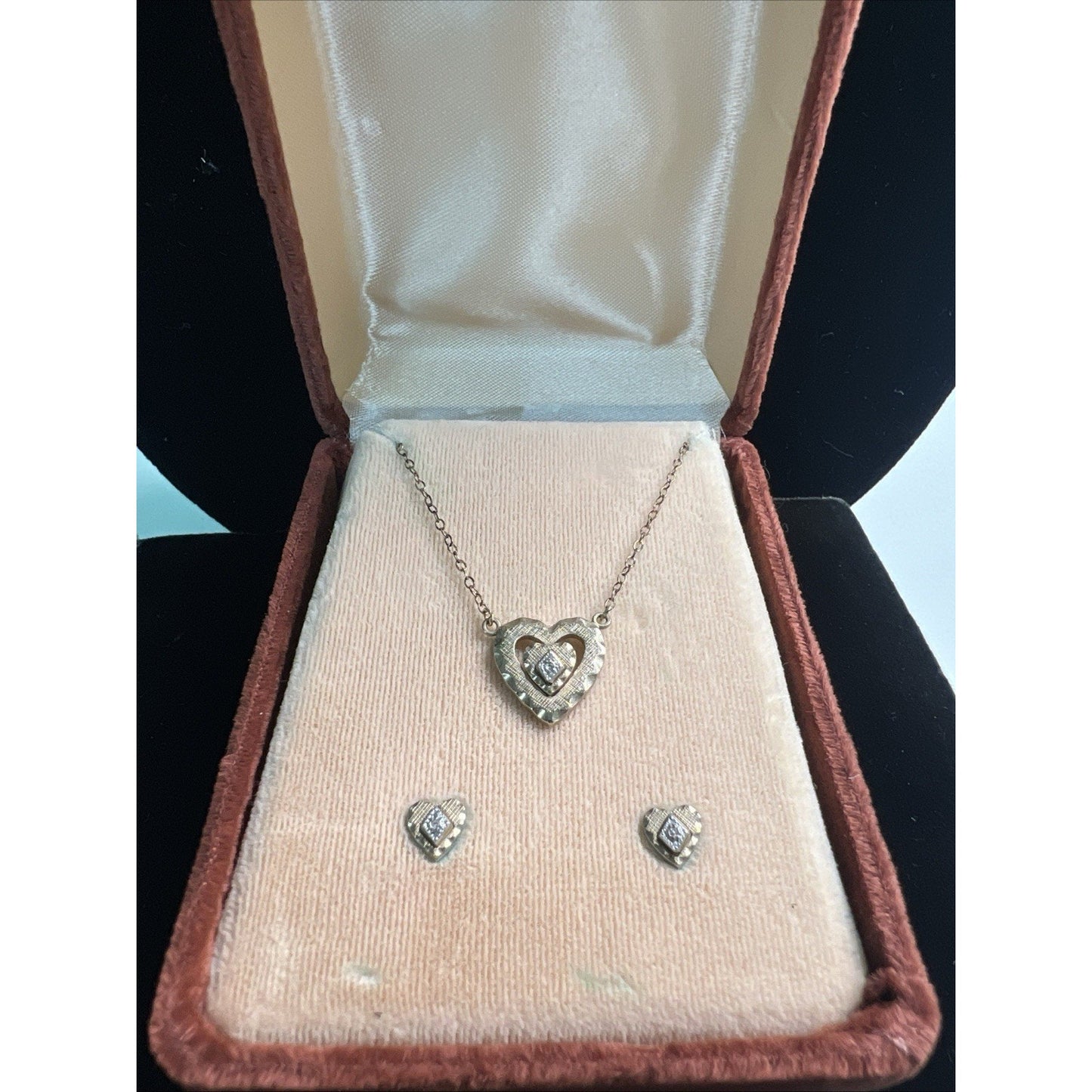 Vintage 14K Gold Filled Hearts With Clear Stones Necklace & Earrings Boxed Set
