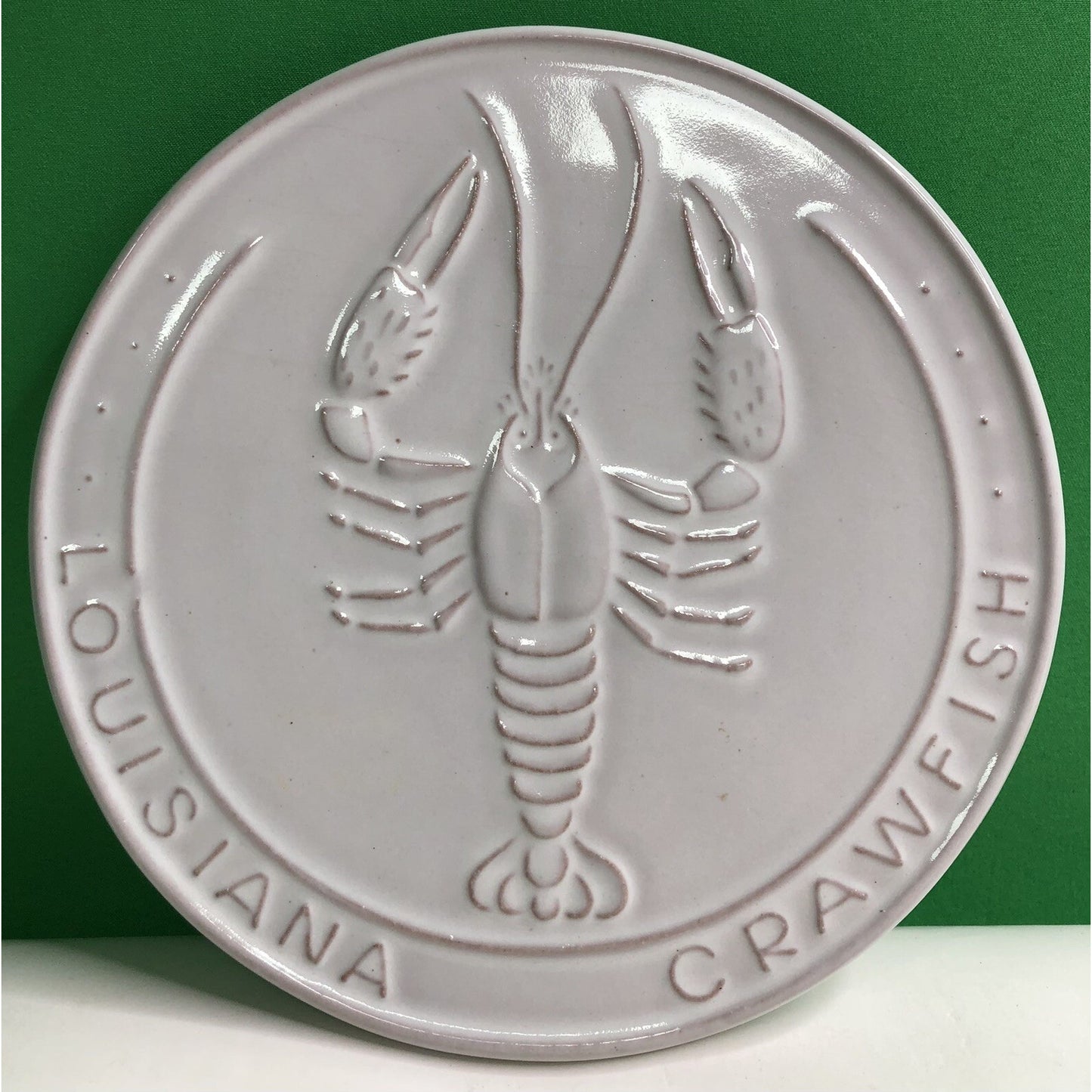 Vintage FRANKOMA Art Pottery LOUISIANA CRAWFISH White Round TRIVET Souvenir