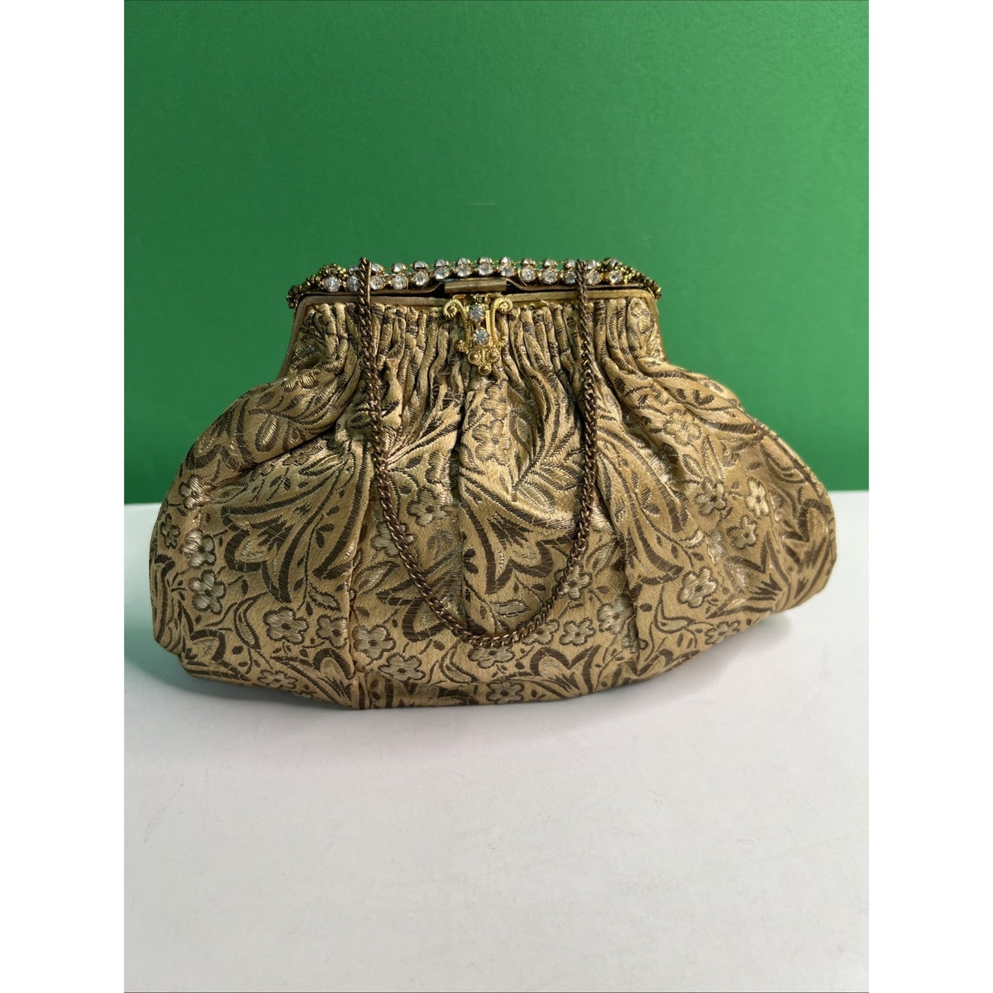 Frances Hirsch France Gold Brocade & Rhinestone Clutch Purse With Matching Belt