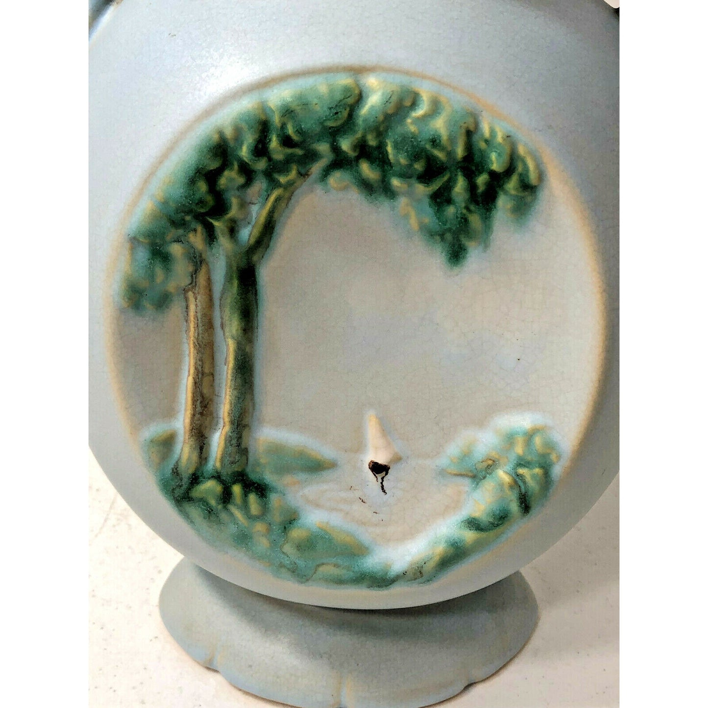 Vintage Blue Weller Art Pottery, Rare Hand-Painted Coastal Naturalist Boat Scene