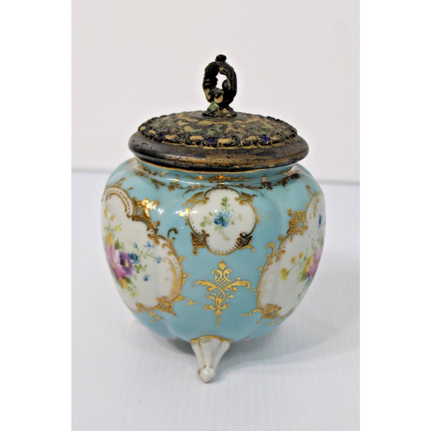 19th Century Antique Gilt Porcelain Tri-footed Biscuit Jar with Ormalu Lid