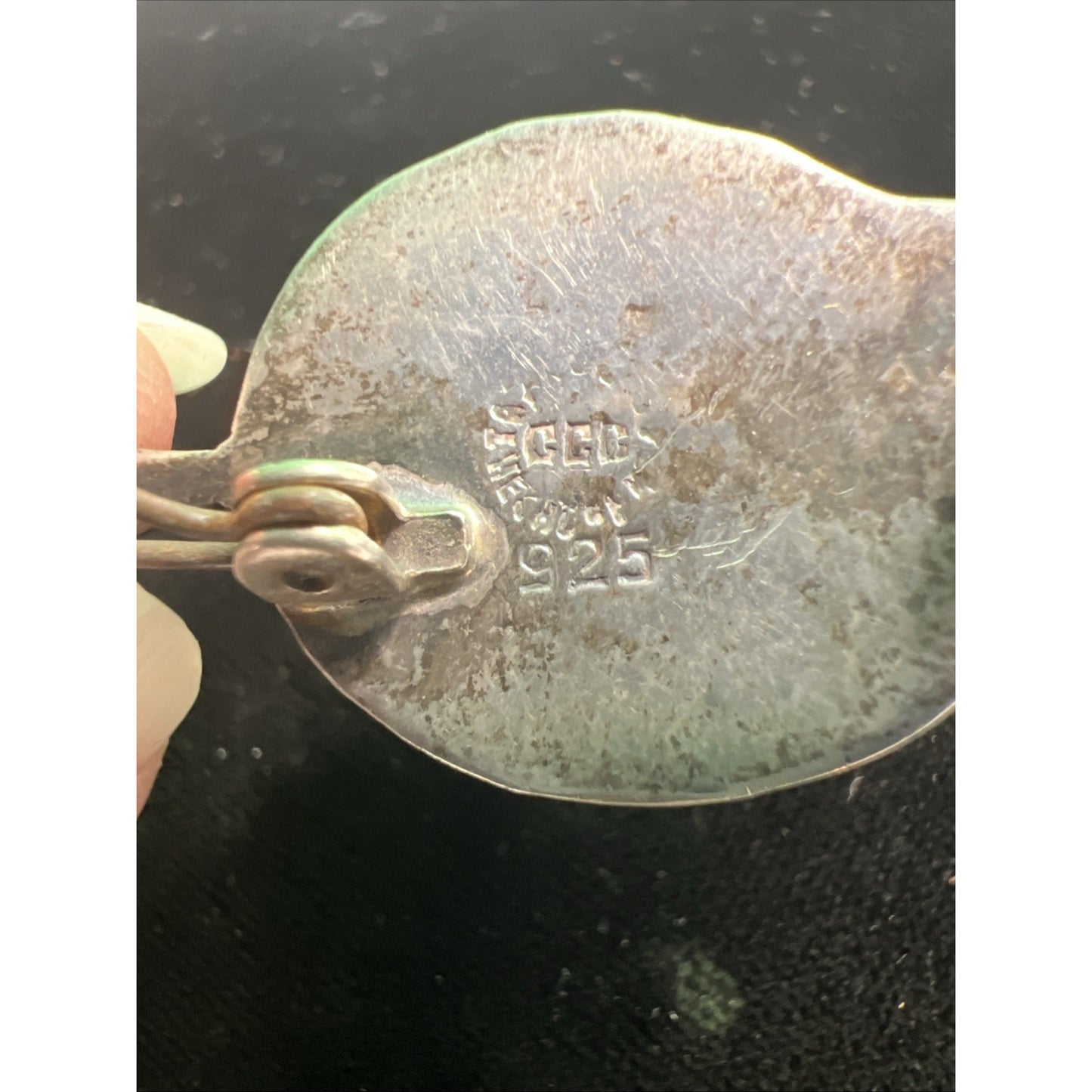 Antique Abalone Leaf Brooch Pin Brilliant Colors Sterling Silver 1.25” Long