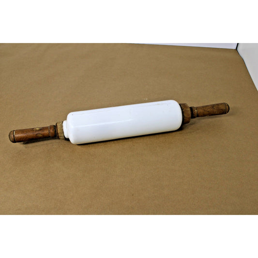 Antique Imperial Mfg White Glass 19" Rolling Pin Wooden Handle Farmhouse Cottage