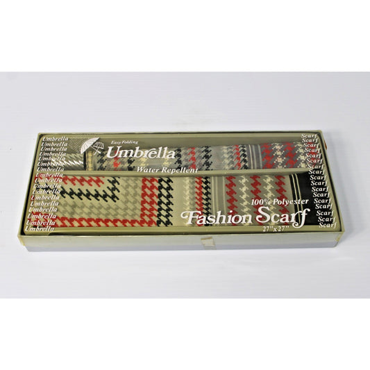 Vintage NOS Umbrella and Fashion Scarf Set, Black White Red Grey Houndstooth