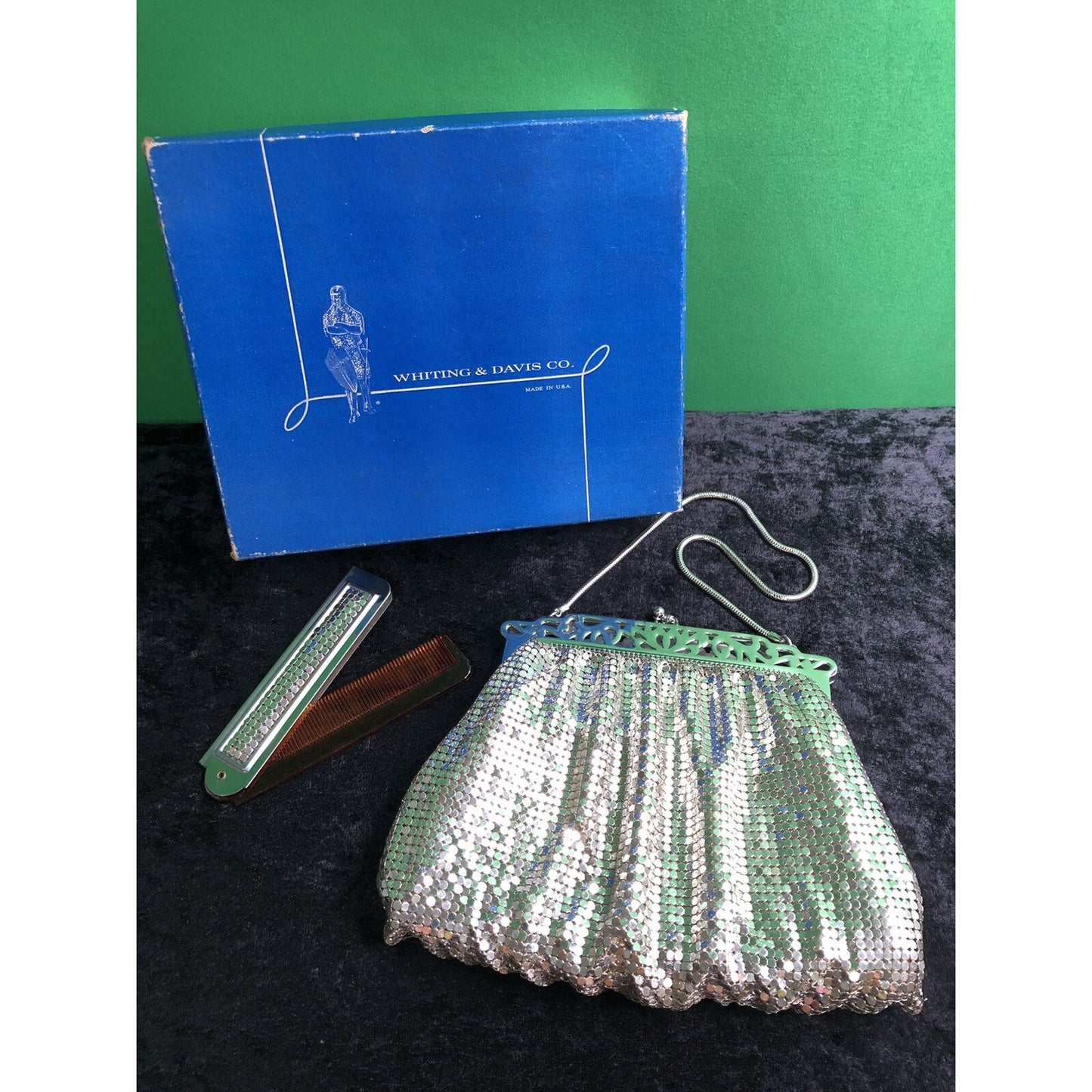 Vintage Set Whiting & Davis Silver Mesh Purse Kiss Lock w/ Box & Folding Comb
