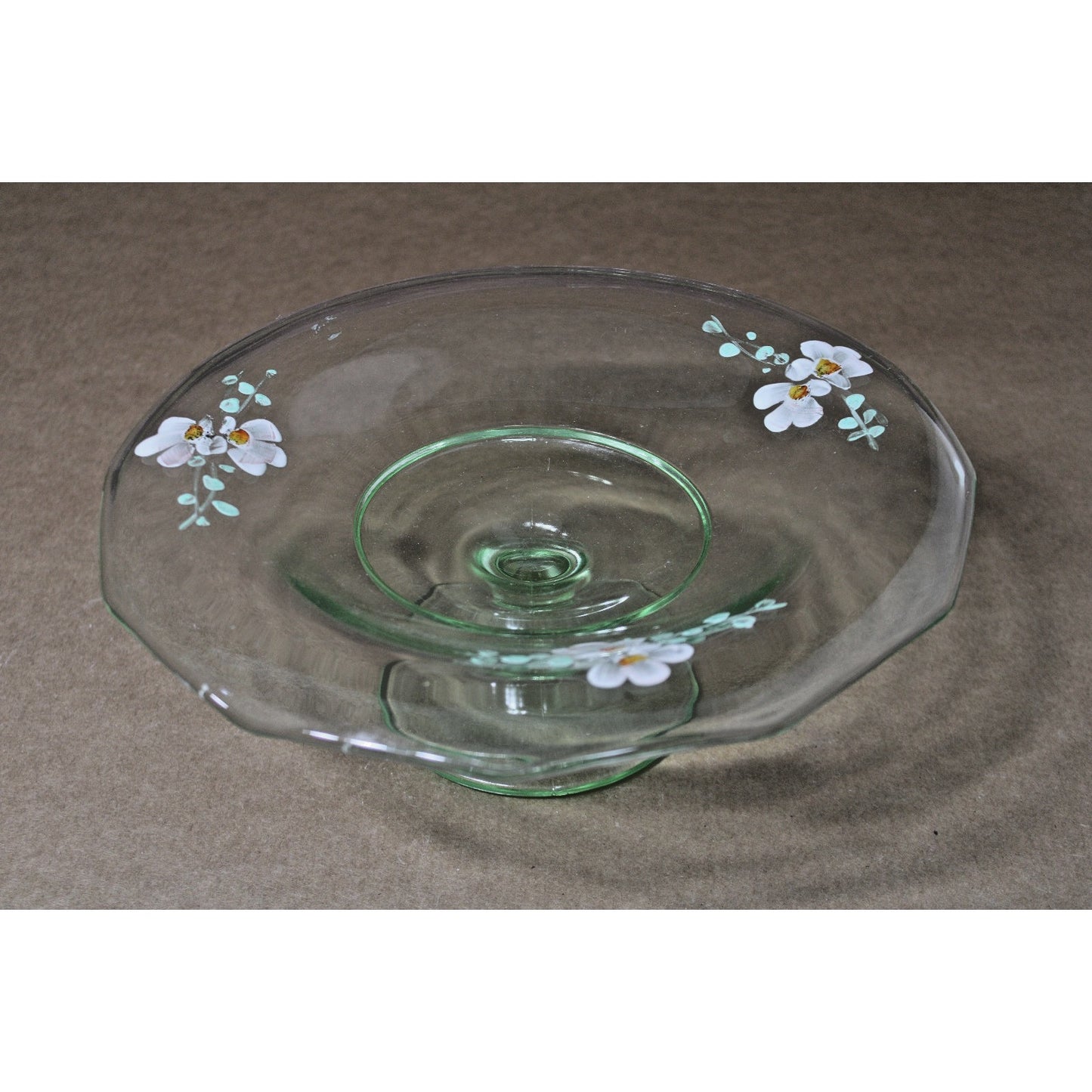 Vtg Bohemian Green Uranium Footed Wide Compote Dish Hand Painted Floral Design