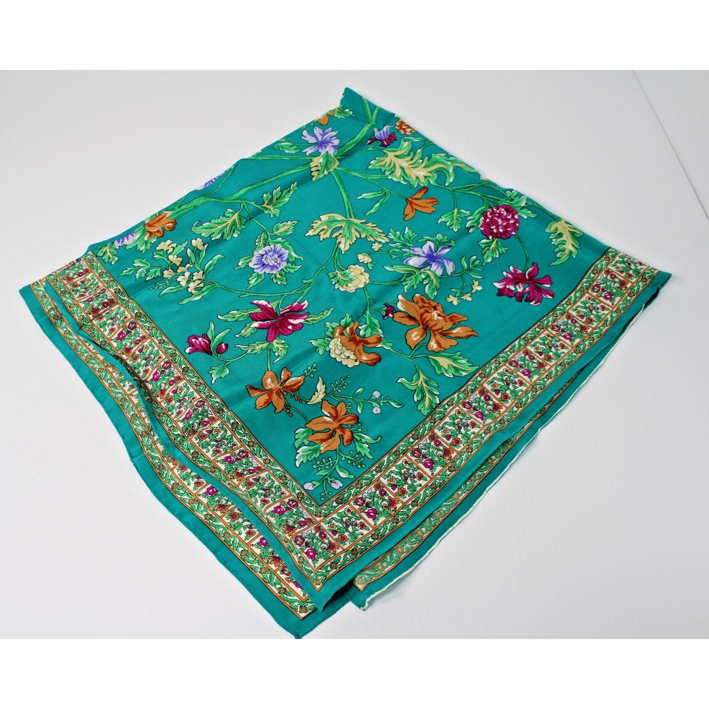 Vintage 100% Silk 35" Large Square Scarf/ Wrap, Teal Green Floral Sézane, Paris