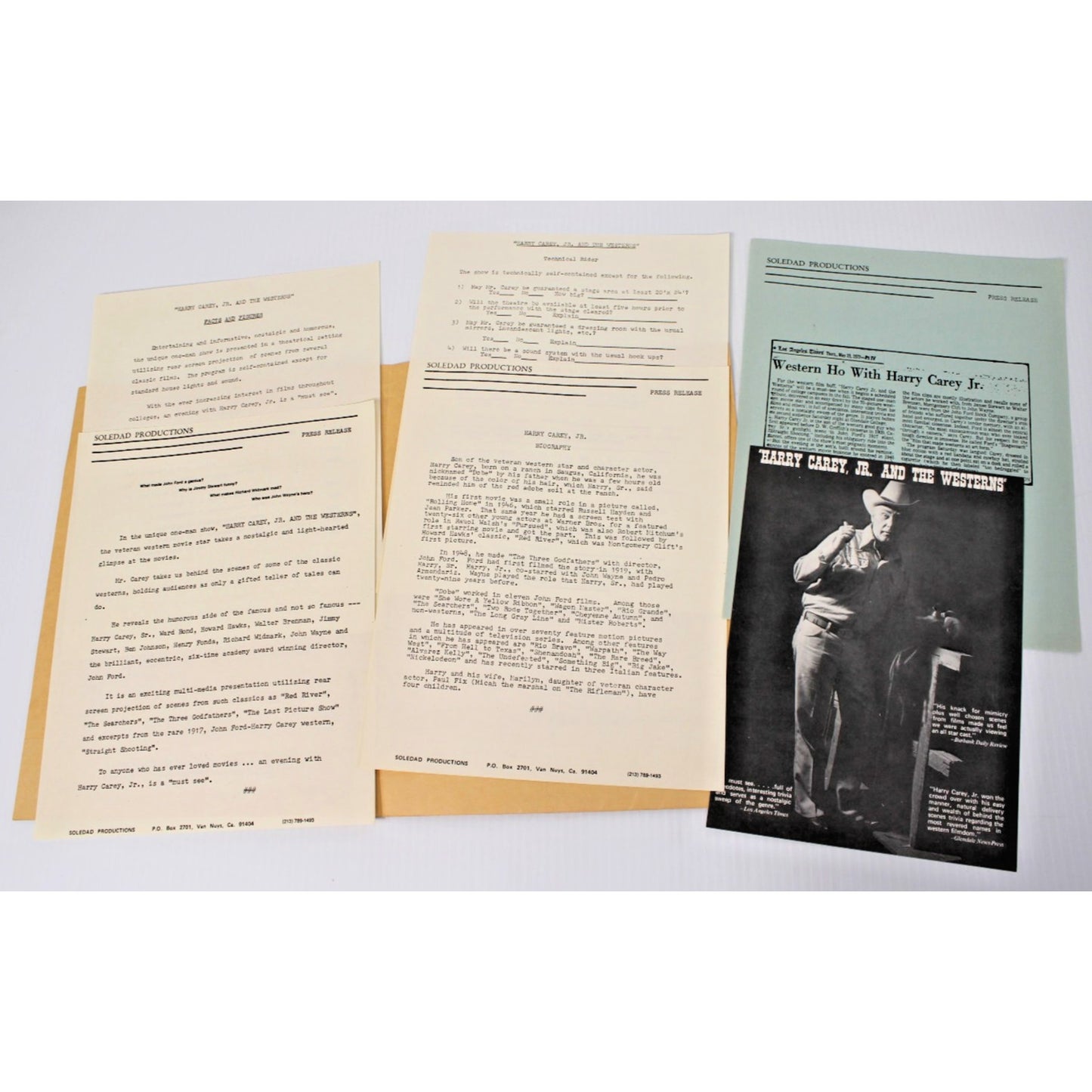Harry Carey, Jr. & the Westerns Media Kit 1978 One Man Show Rider, Press Release