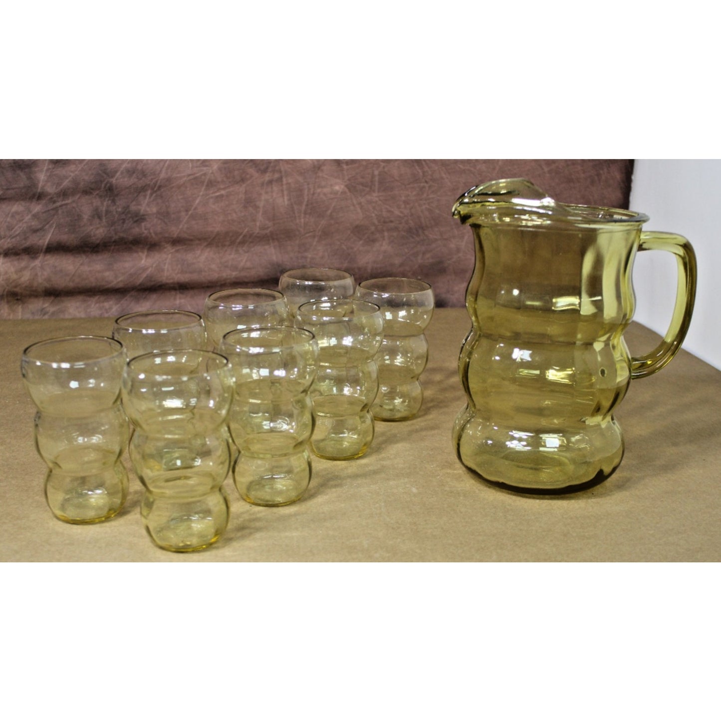 Vintage Lido Golden Glow Federal Glass Pitcher and 8 Tumblers, 1930s