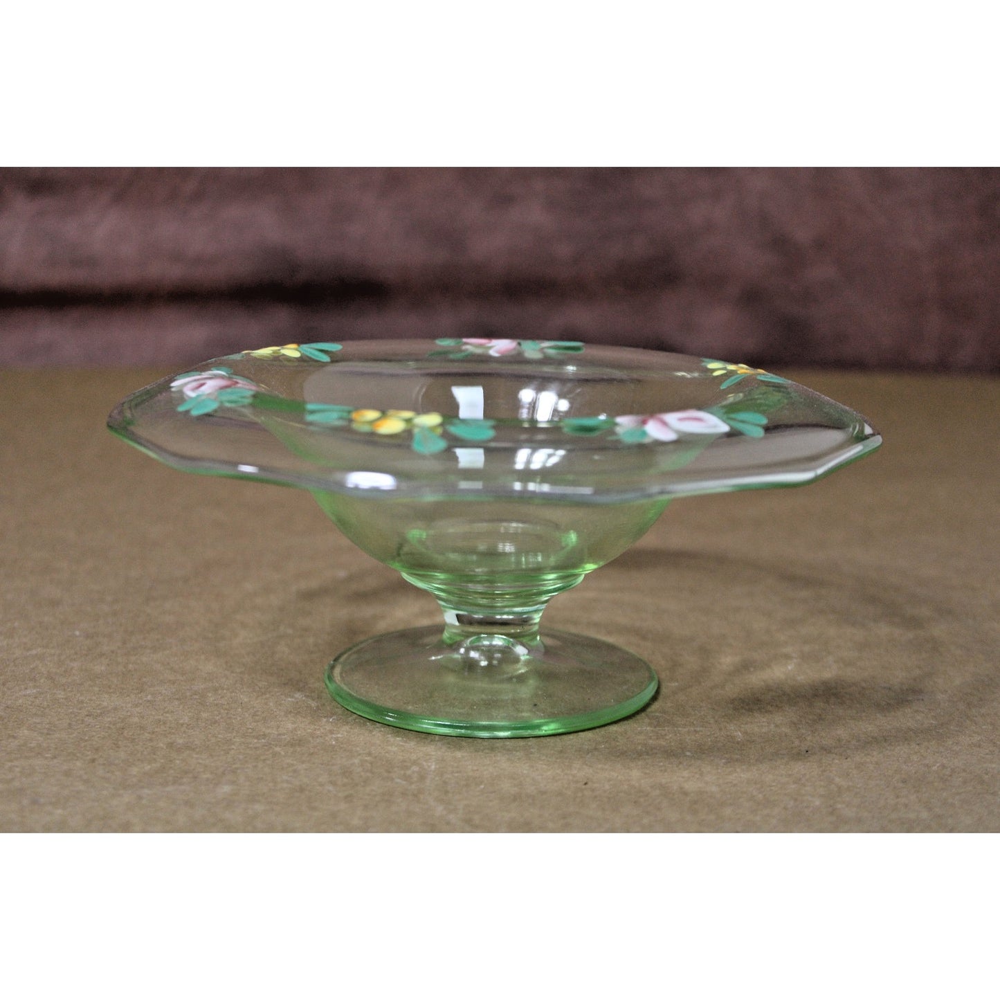 Vtg Bohemian Green Uranium Footed Compote Candy Dish Hand Painted Floral Design