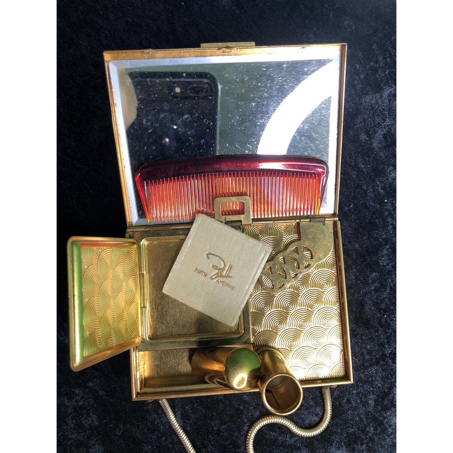 Vintage Minaudiere Metal Box Purse W/ Powder Lipstick Comb Mirror Evening Bag
