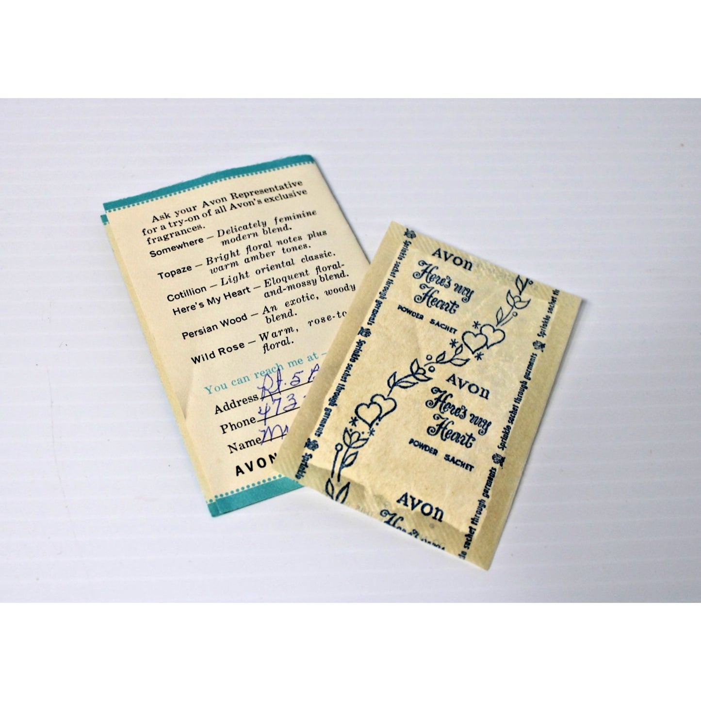 Vintage 1957 Avon Rep. Fragrance Sachet Brochure & Sample, Here's My Heart Scent