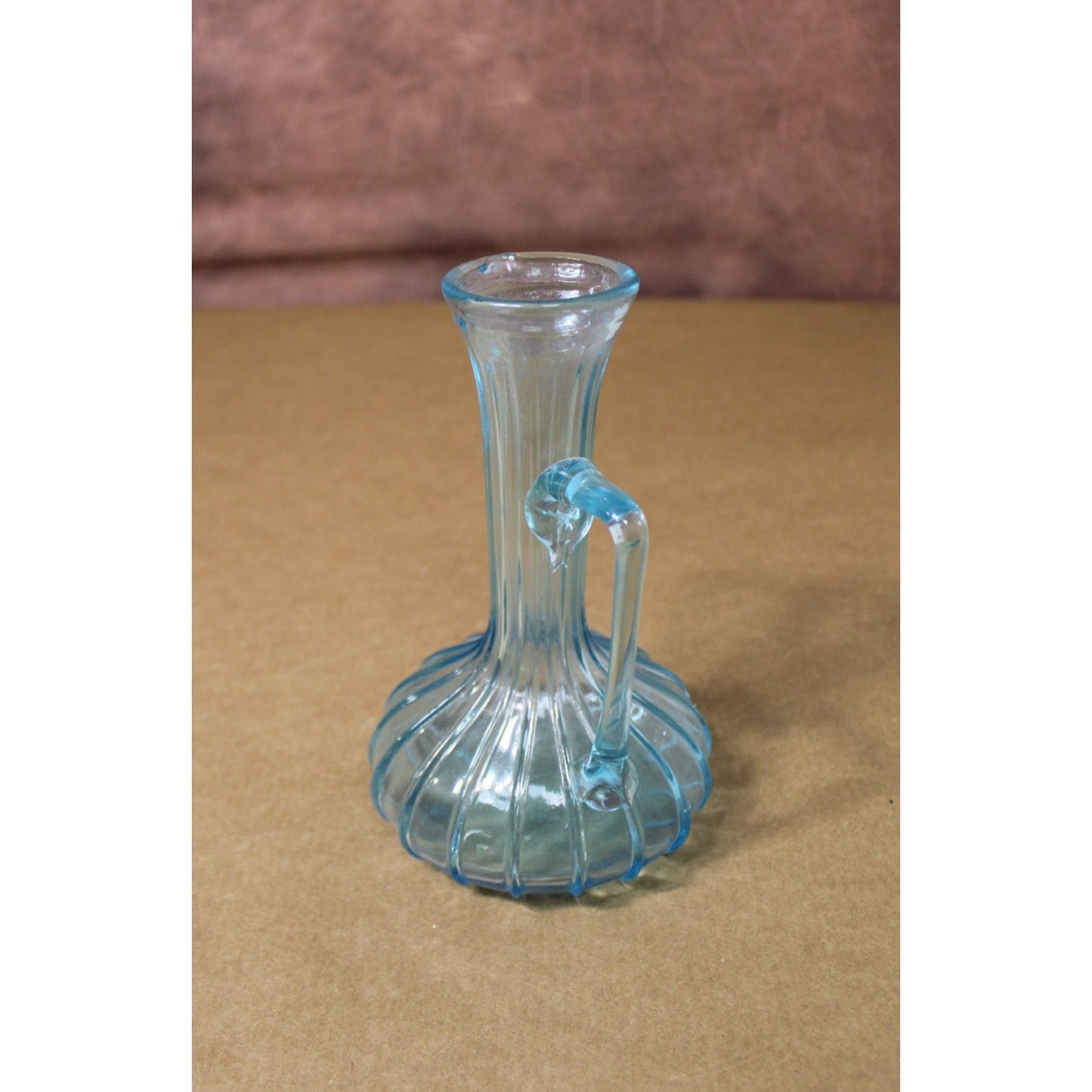 Vintage Aqua Fluted Glass Pitcher/ Bud Vase, 7.5" H Mid-Century Mod Unique MCM