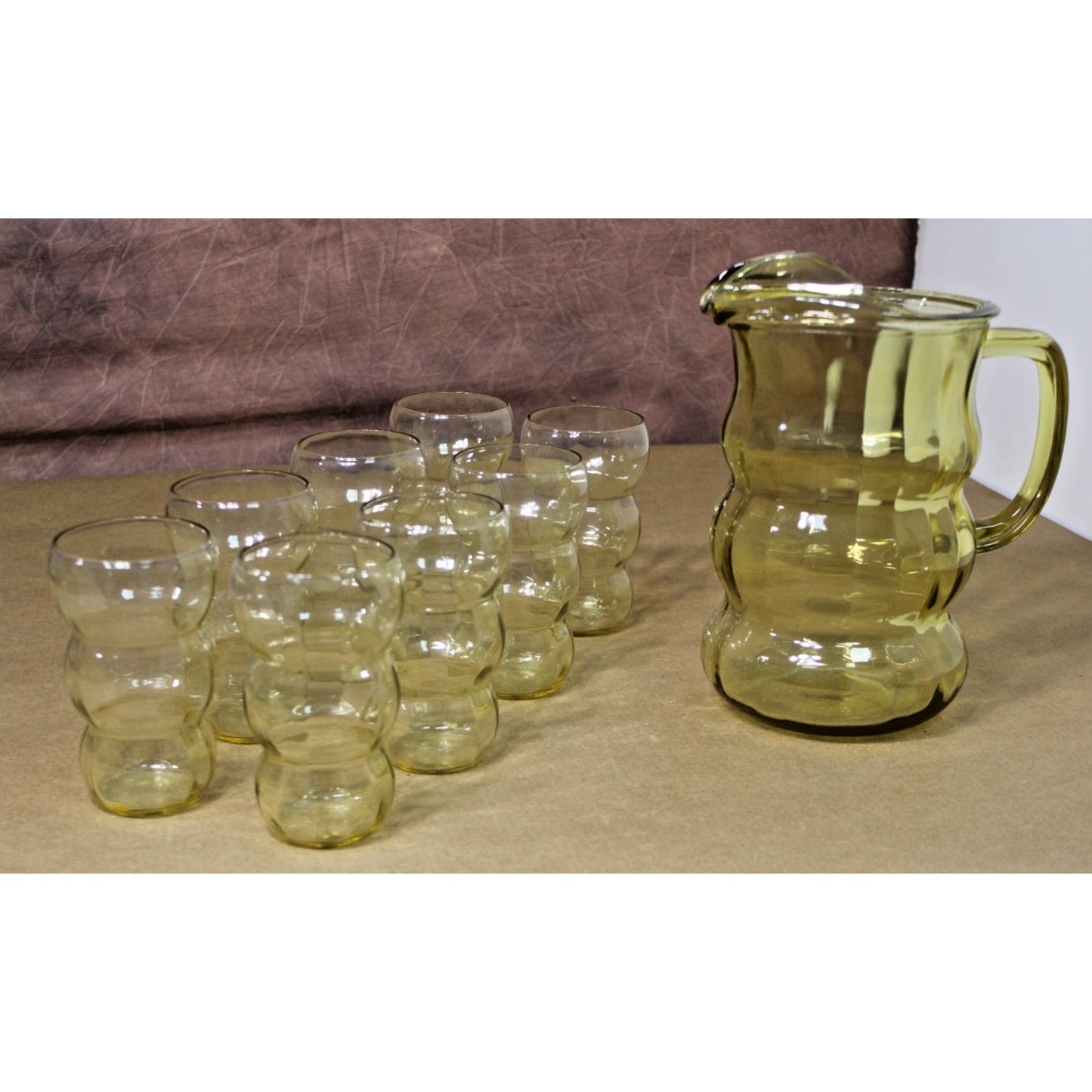 Vintage Lido Golden Glow Federal Glass Pitcher and 8 Tumblers, 1930s