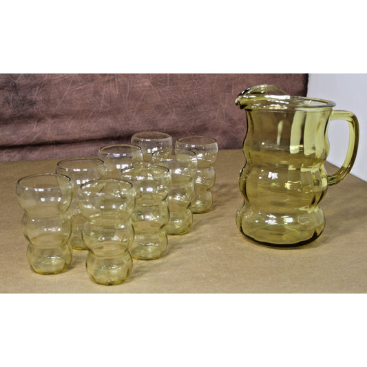 Vintage Lido Golden Glow Federal Glass Pitcher and 8 Tumblers, 1930s
