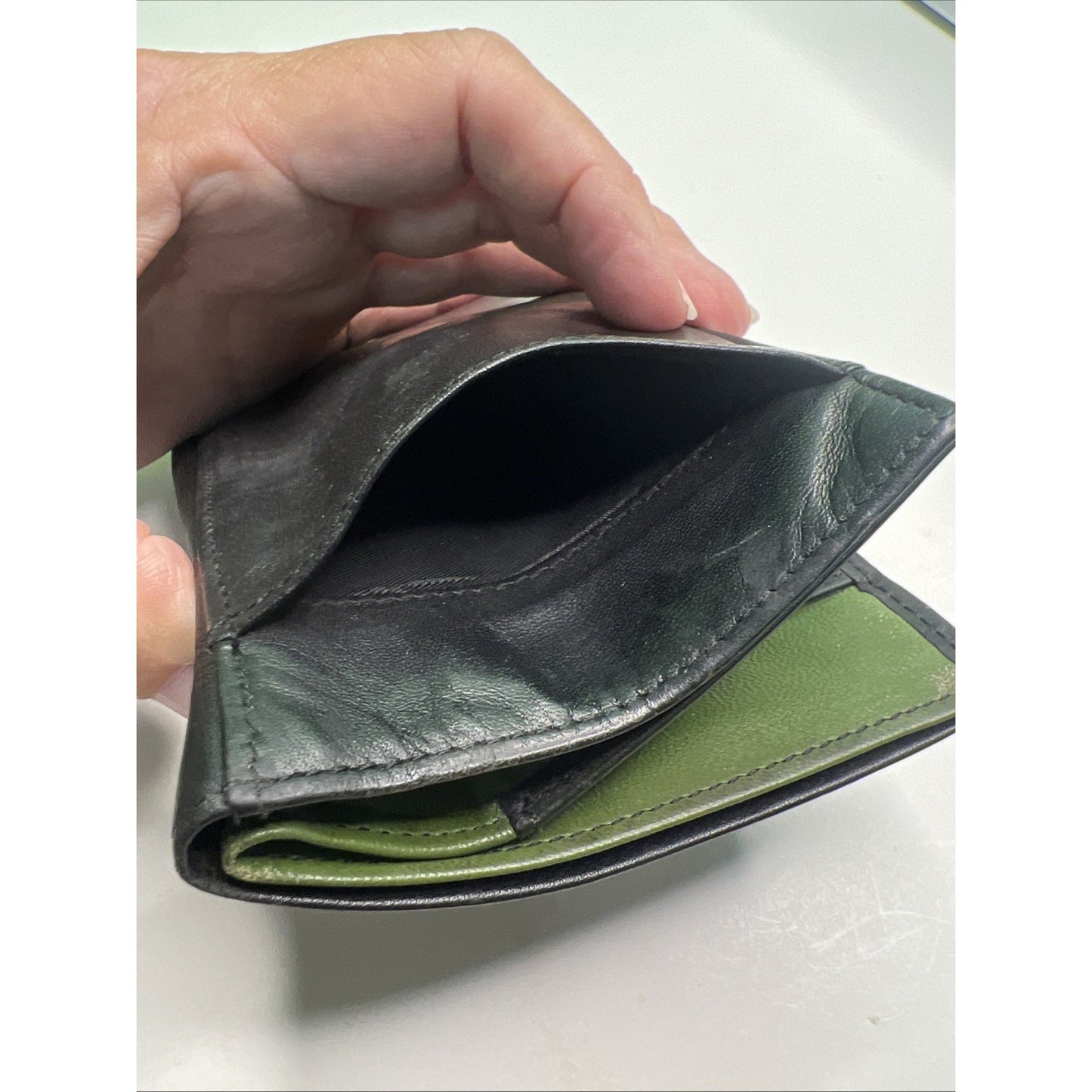 Black Leather Bifold Mens Wallet by Business Centurion Green Interior