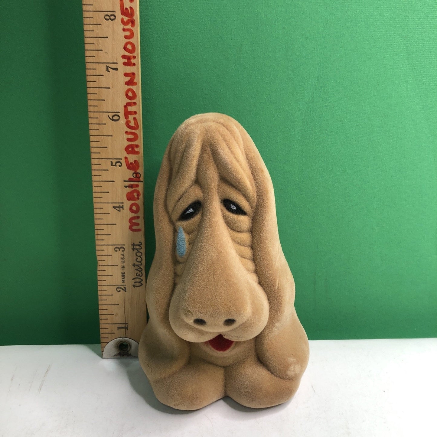 Vintage Tan Flocked Basset Hound Sad Dog With Teardrop Plastic Coin Bank 1970’s