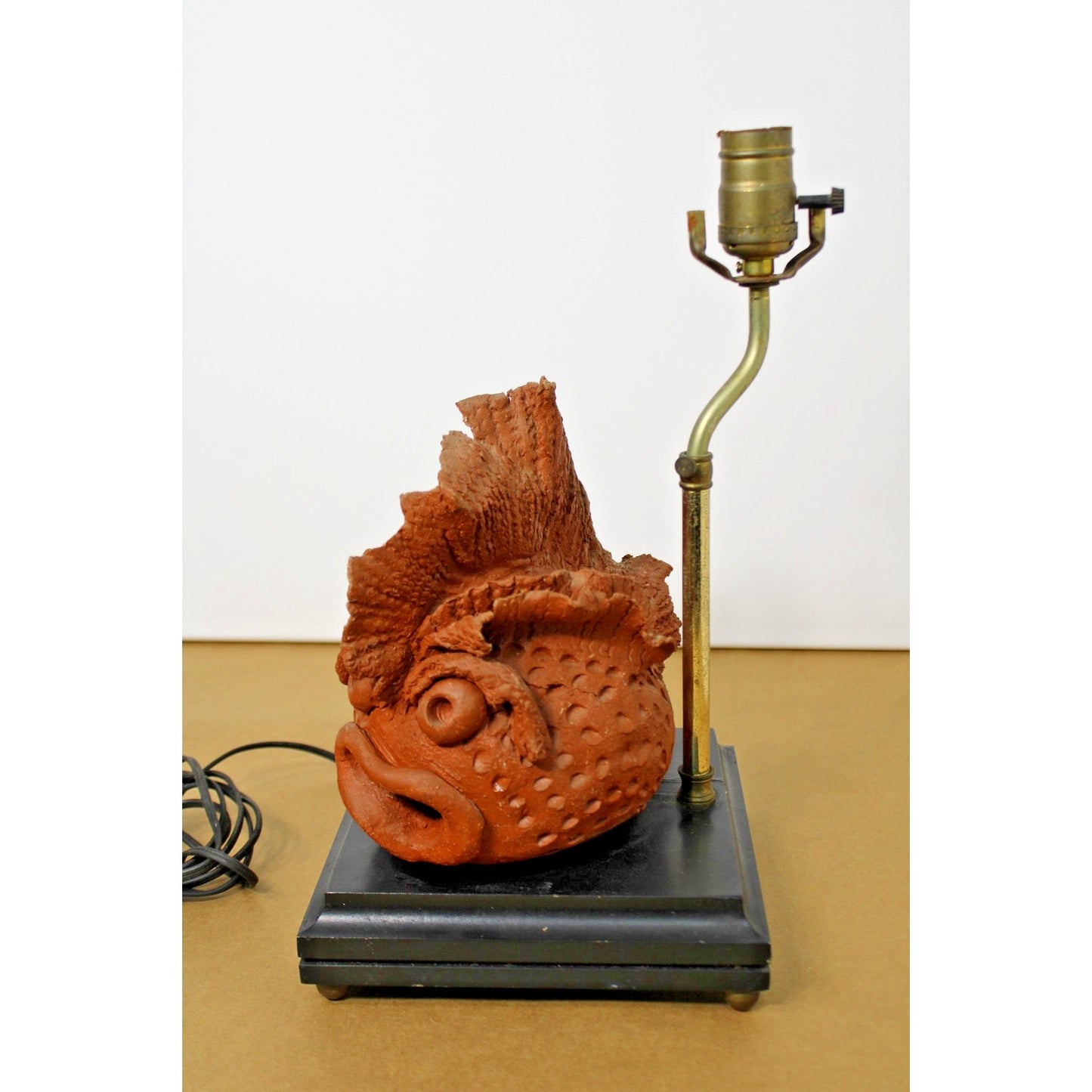 Artisan-made Pottery Terracotta Figural Reef Fish Lamp on Black Base, Untested