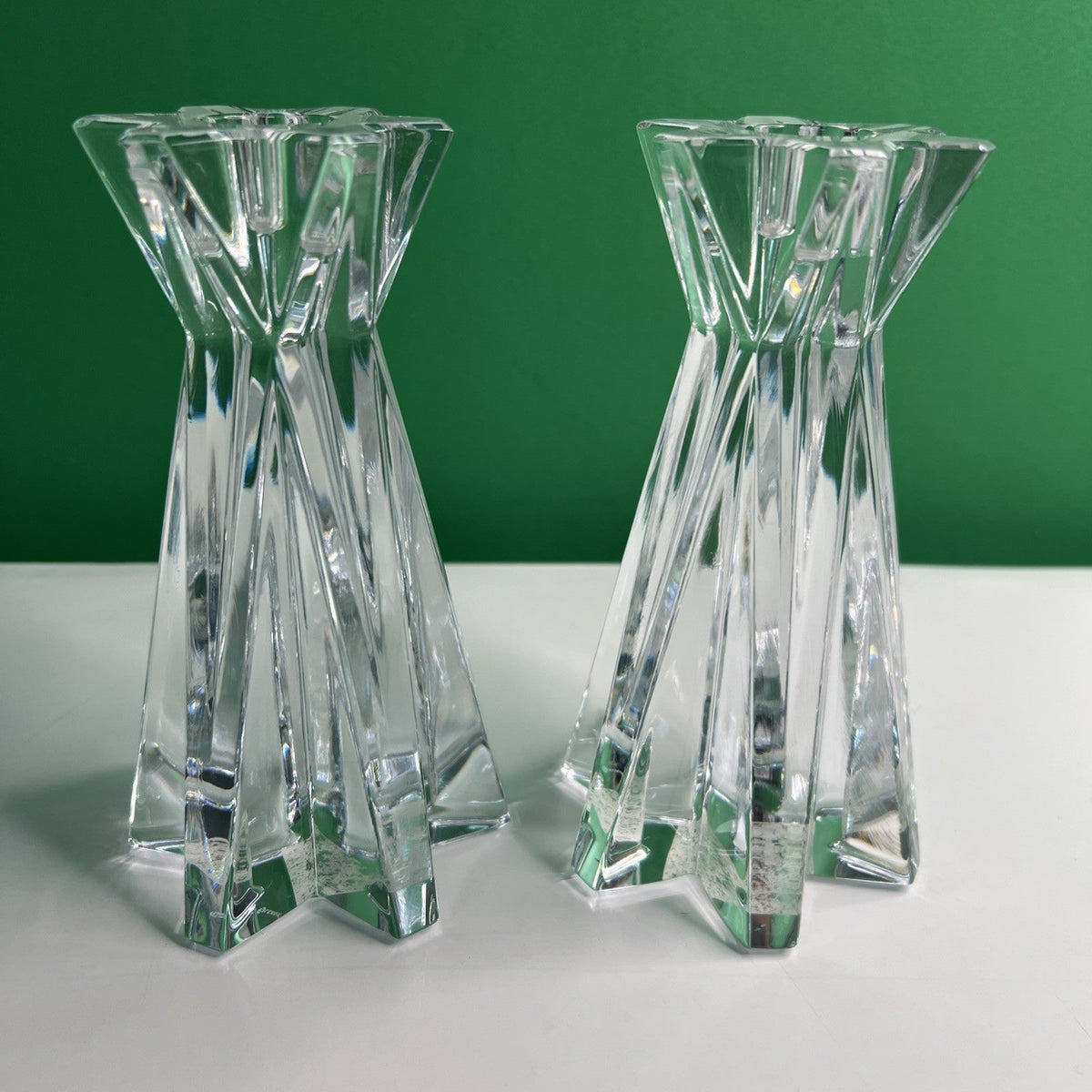 Vtg Pair Lenox Ovations Starfire Crystal Candlestick Holders Geometric Star Cut