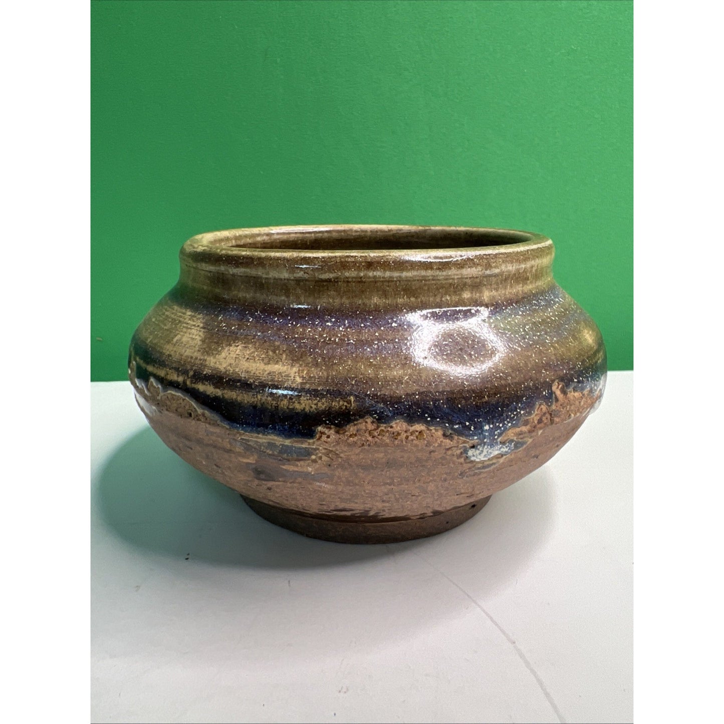 Studio Art Pottery Ceramic Blue Purple Brown Hues Drip Glazed Vintage Pot Bowl