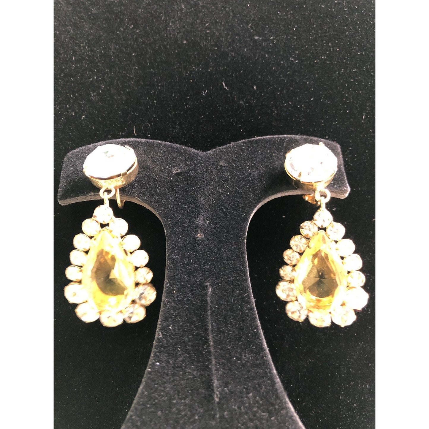 Vintage Showstopper Clip On Earrings Faux Stones Yellow Teardrop & Round Shape