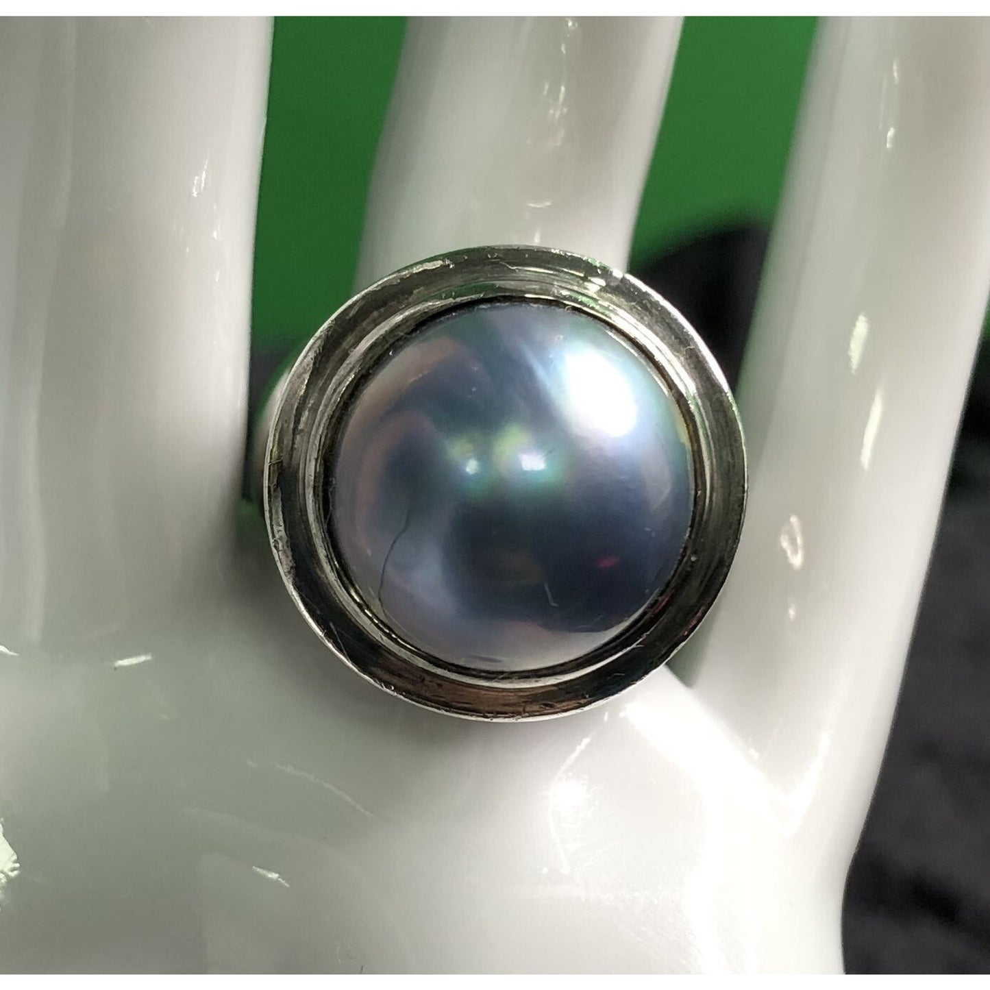 Vintage Blue Mabe Pearl Sterling Silver Cabochon Statement Ring Ornate Shank